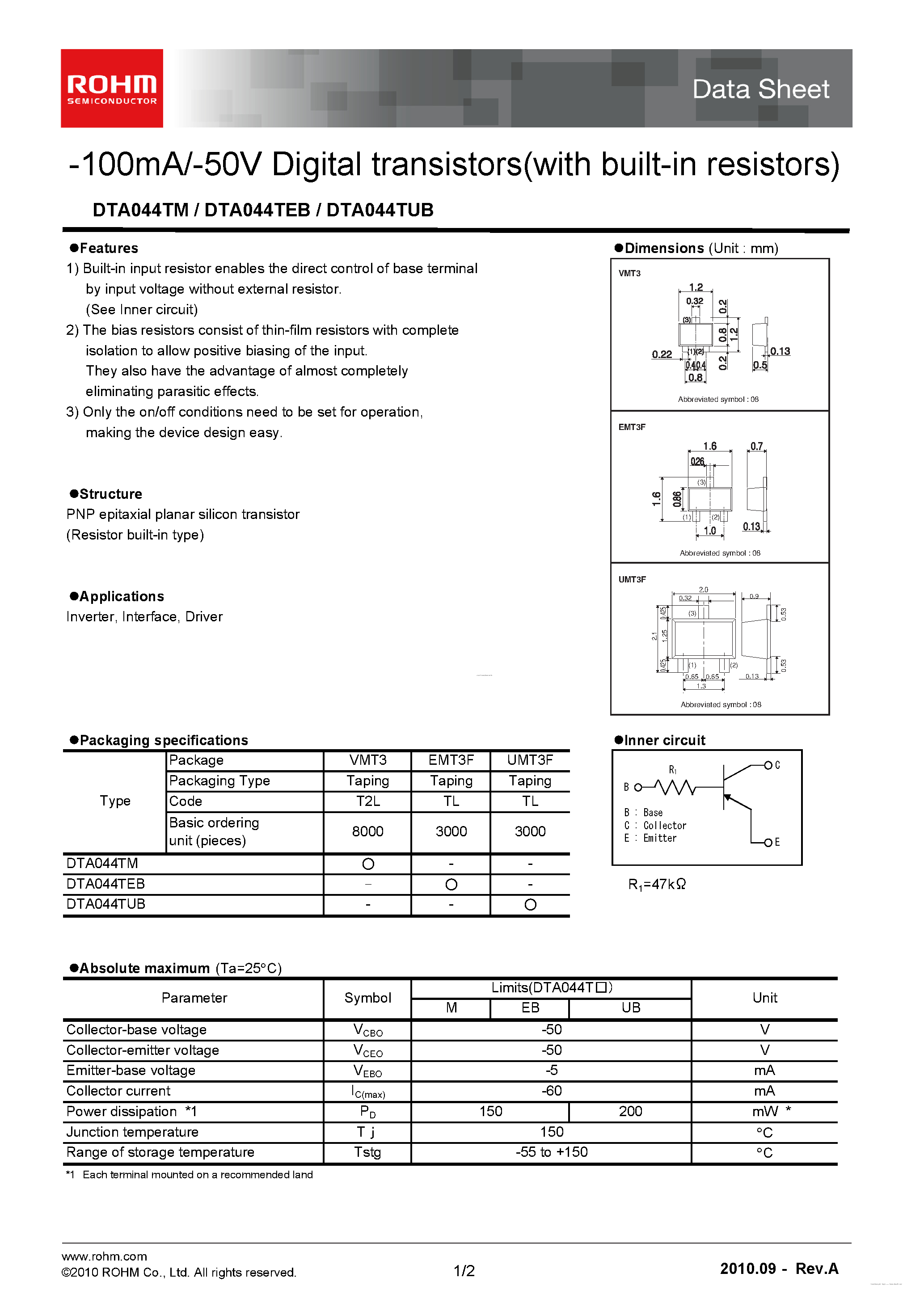 Даташит DTA044TEB - 100mA/-50V Digital transistors страница 1