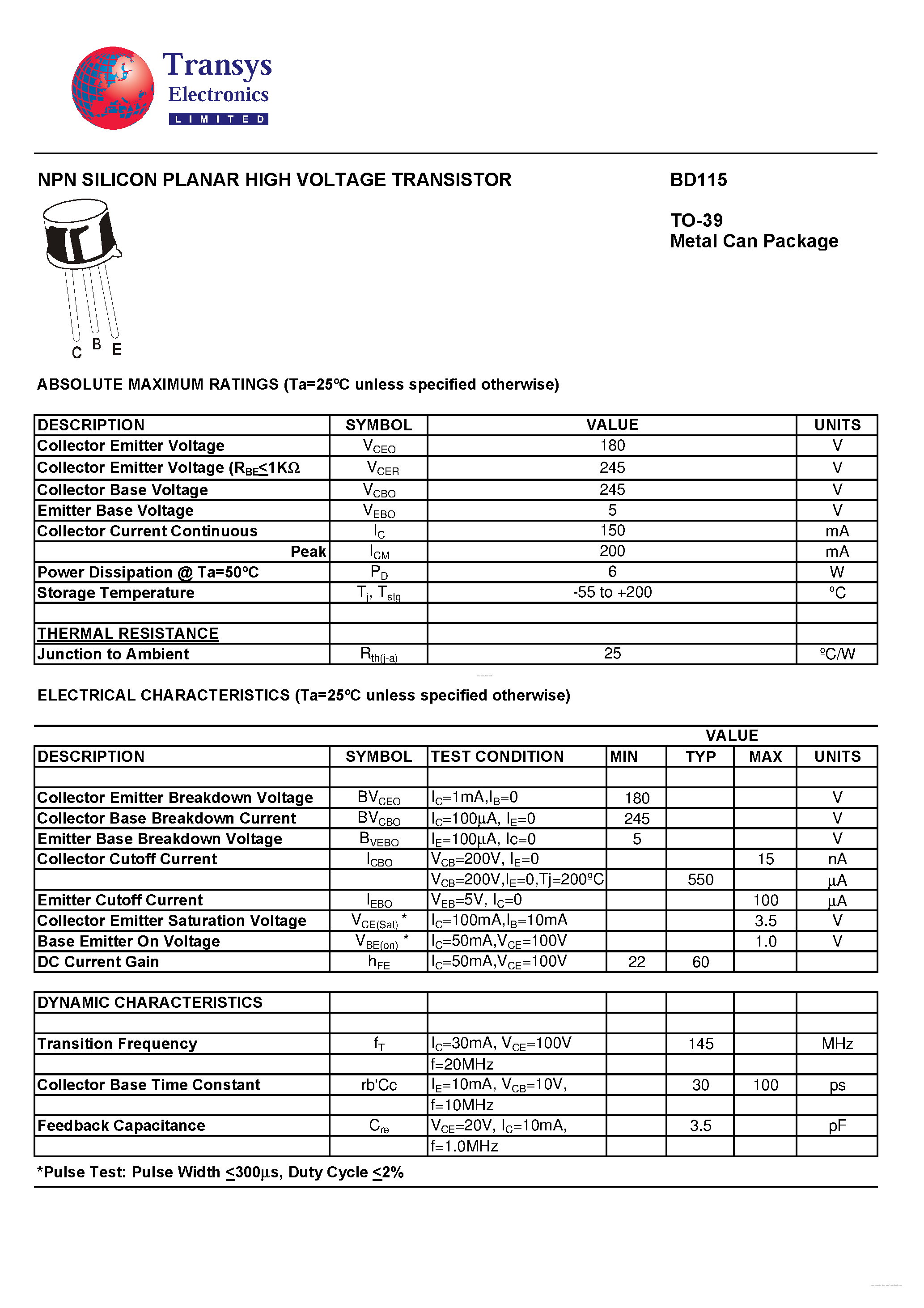 Datasheet BD115 page 1 Datasheet BD115 - NPN SILICON PLANAR HIGH VOLTAGE TRANSISTOR page 1