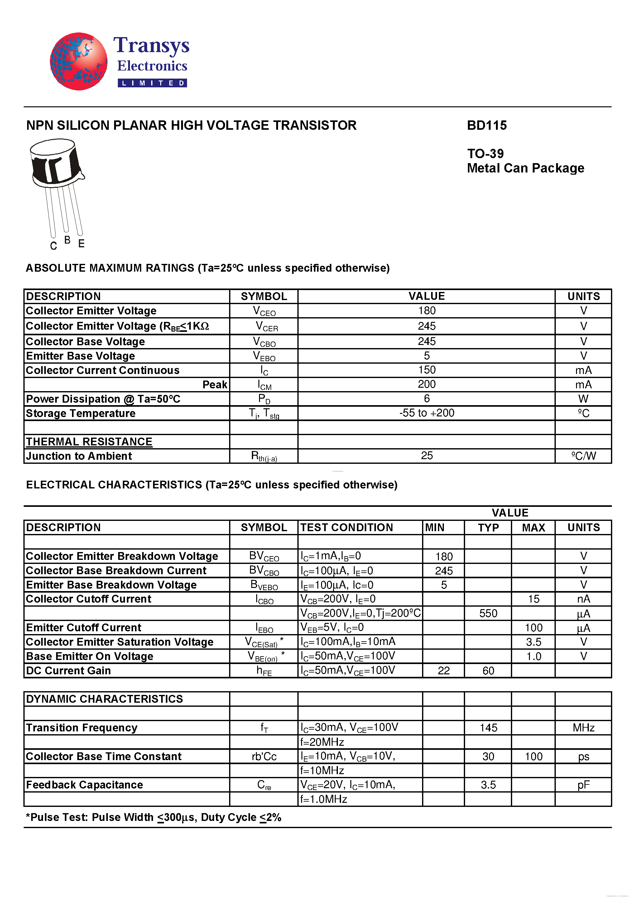 Datasheet BD115 - NPN SILICON PLANAR HIGH VOLTAGE TRANSISTOR page 1