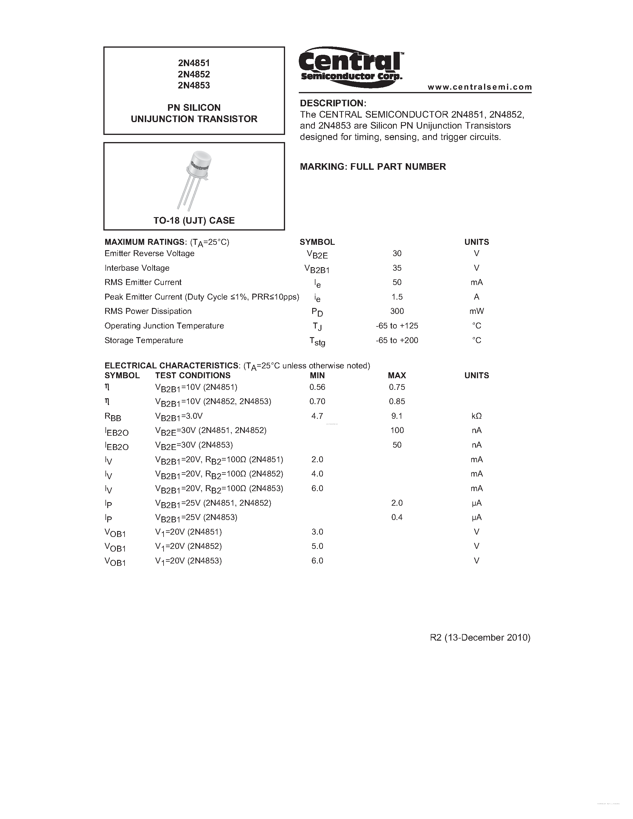 Datasheet 2N4851 - (2N4851 - 2N4853) PN SILICON UNIJUNCTION TRANSISTOR page 1