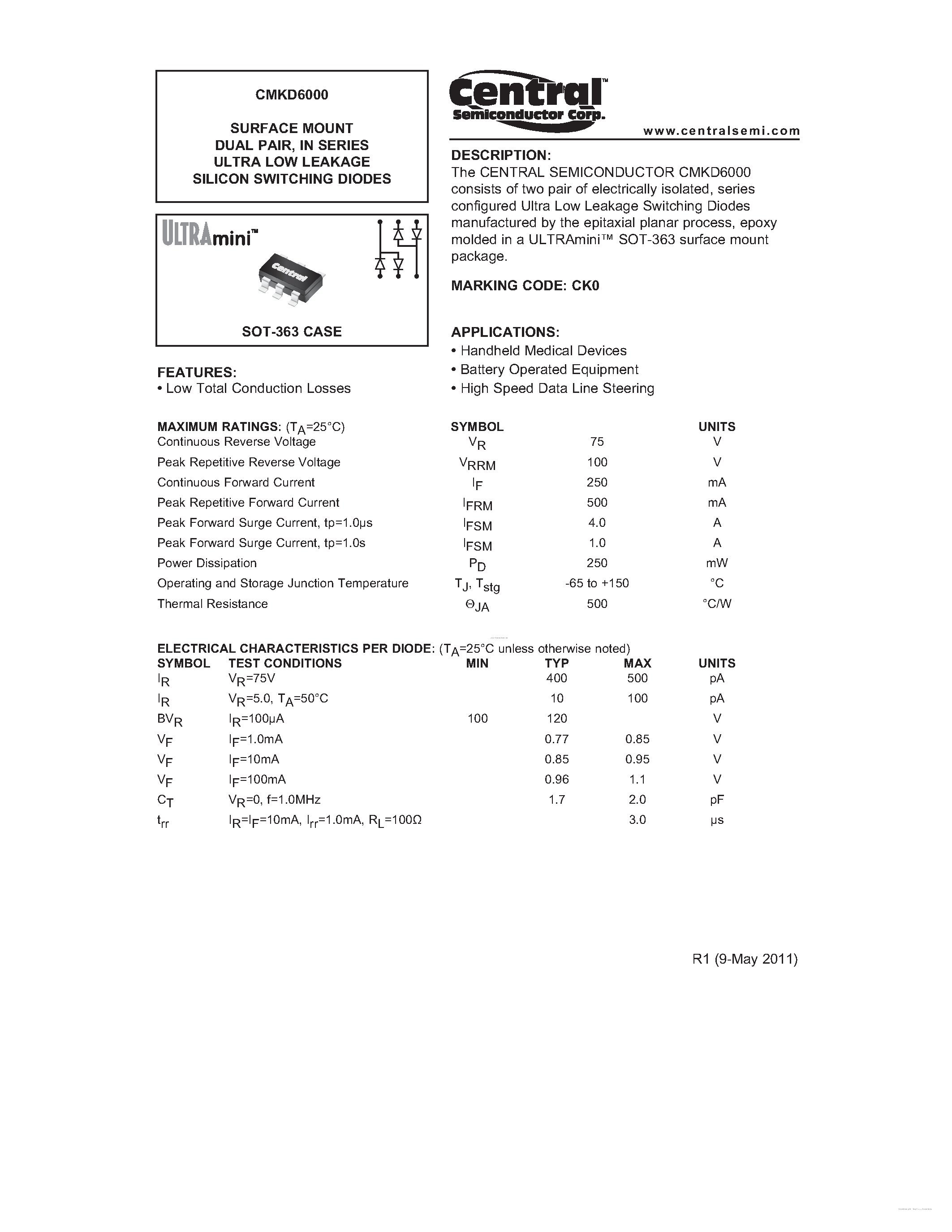 Даташит на микросхему CMKD6000 страница 1 Даташит CMKD6000 - ULTRA LOW LEAKAGE SILICON SWITCHING DIODES страница 1