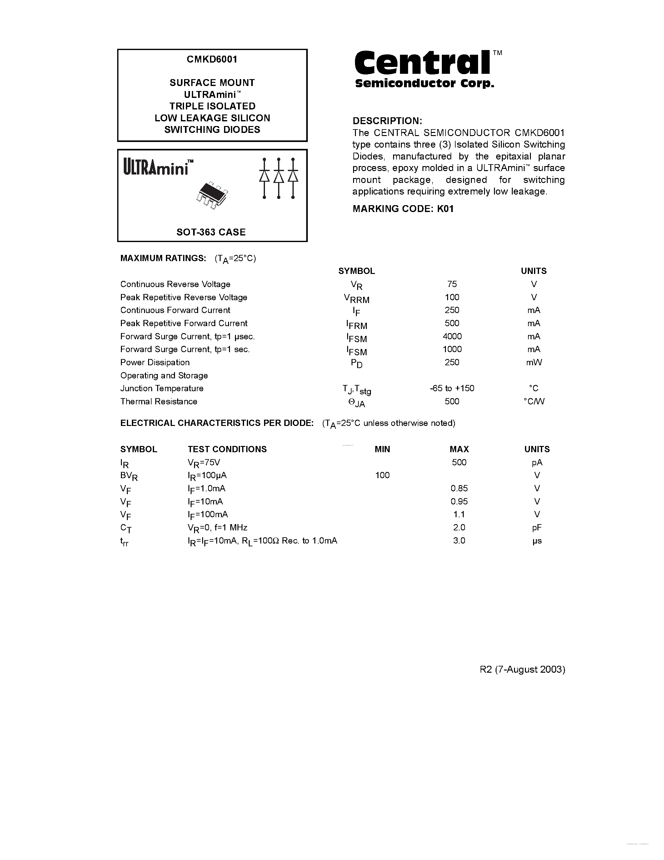 Даташит на микросхему CMKD6001 страница 1 Даташит CMKD6001 - ULTRA LOW LEAKAGE SILICON SWITCHING DIODES страница 1
