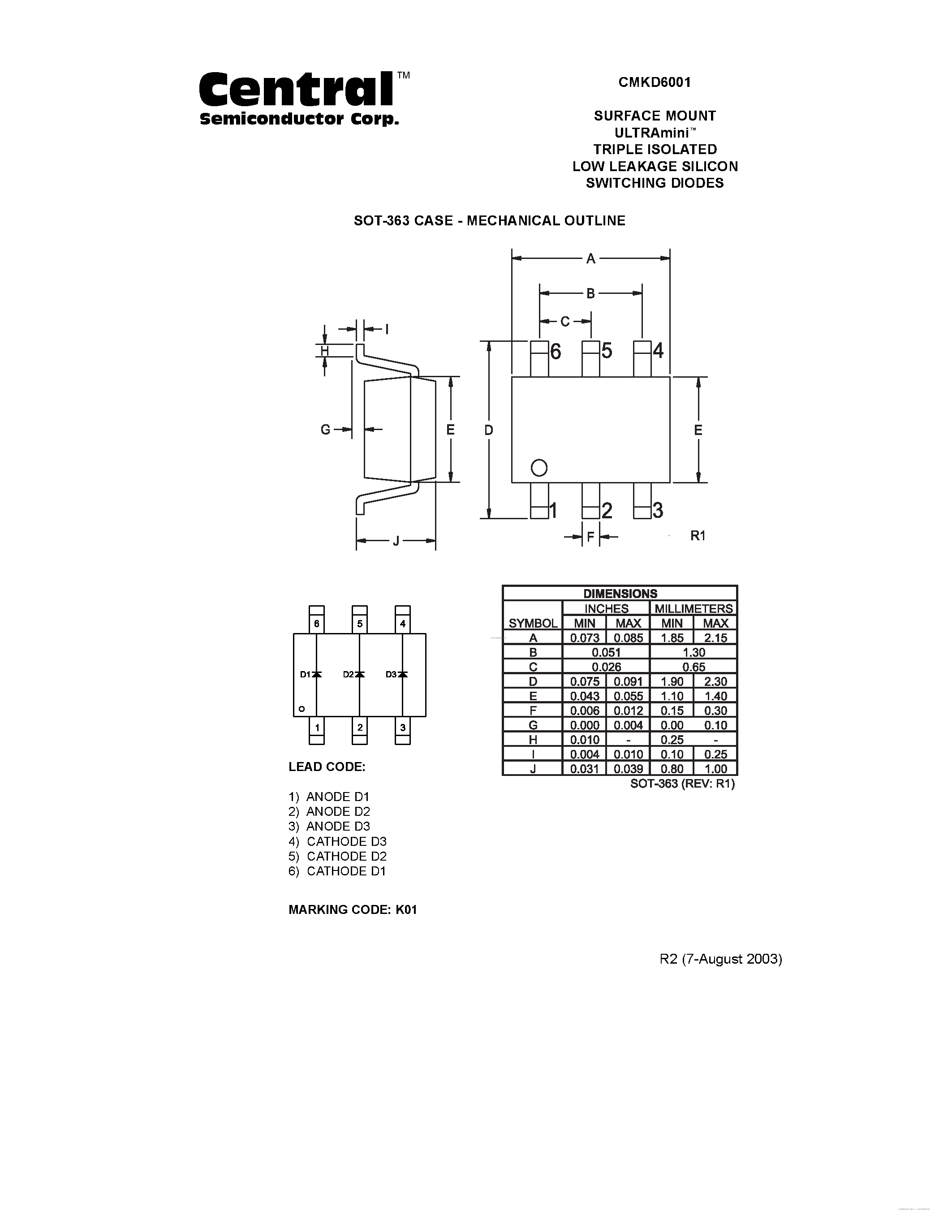 Даташит на микросхему CMKD6001 страница 2 Даташит CMKD6001 - ULTRA LOW LEAKAGE SILICON SWITCHING DIODES страница 2