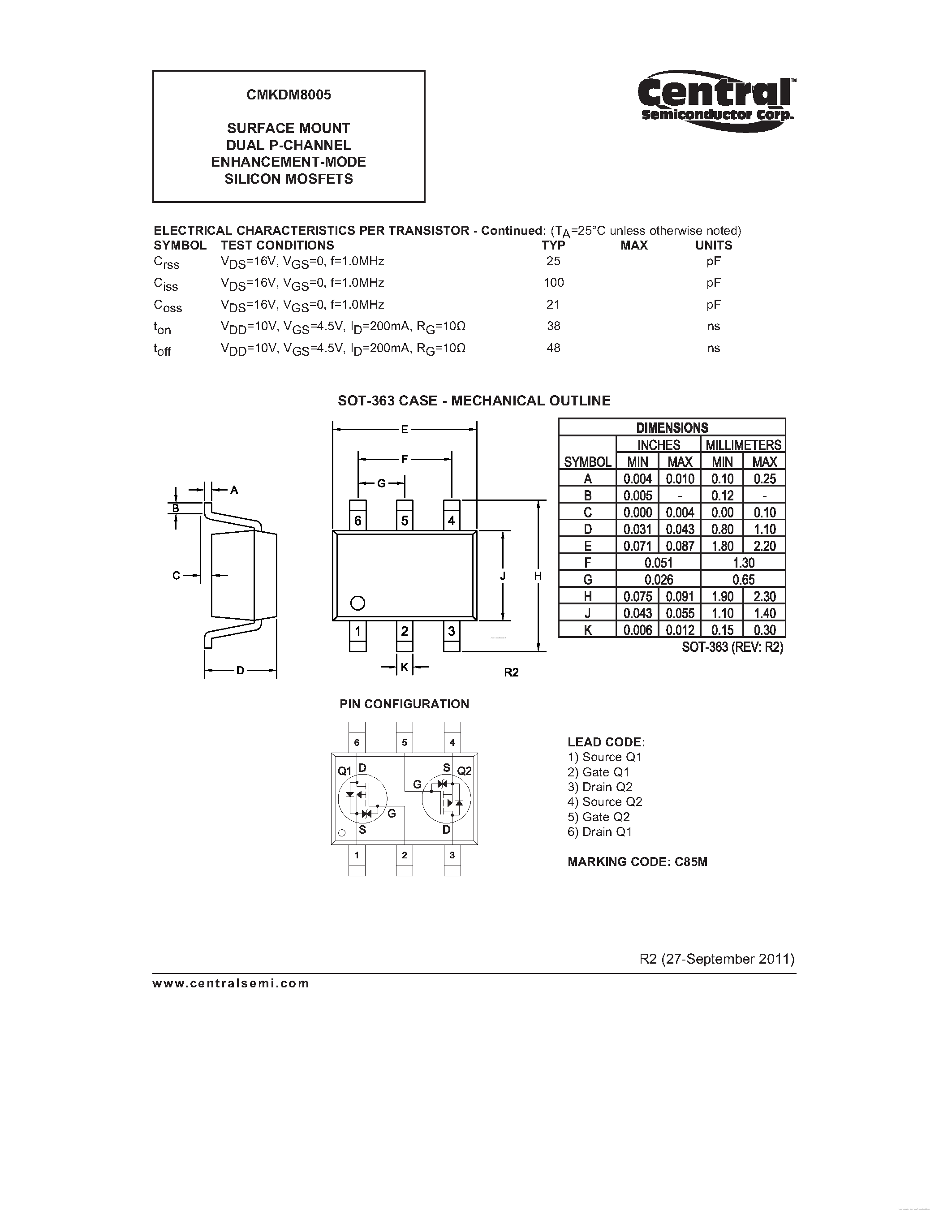 Datasheet CMKDM8005 page 2 Datasheet CMKDM8005 - SURFACE MOUNT DUAL P-CHANNEL ENHANCEMENT-MODE SILICON MOSFETS page 2