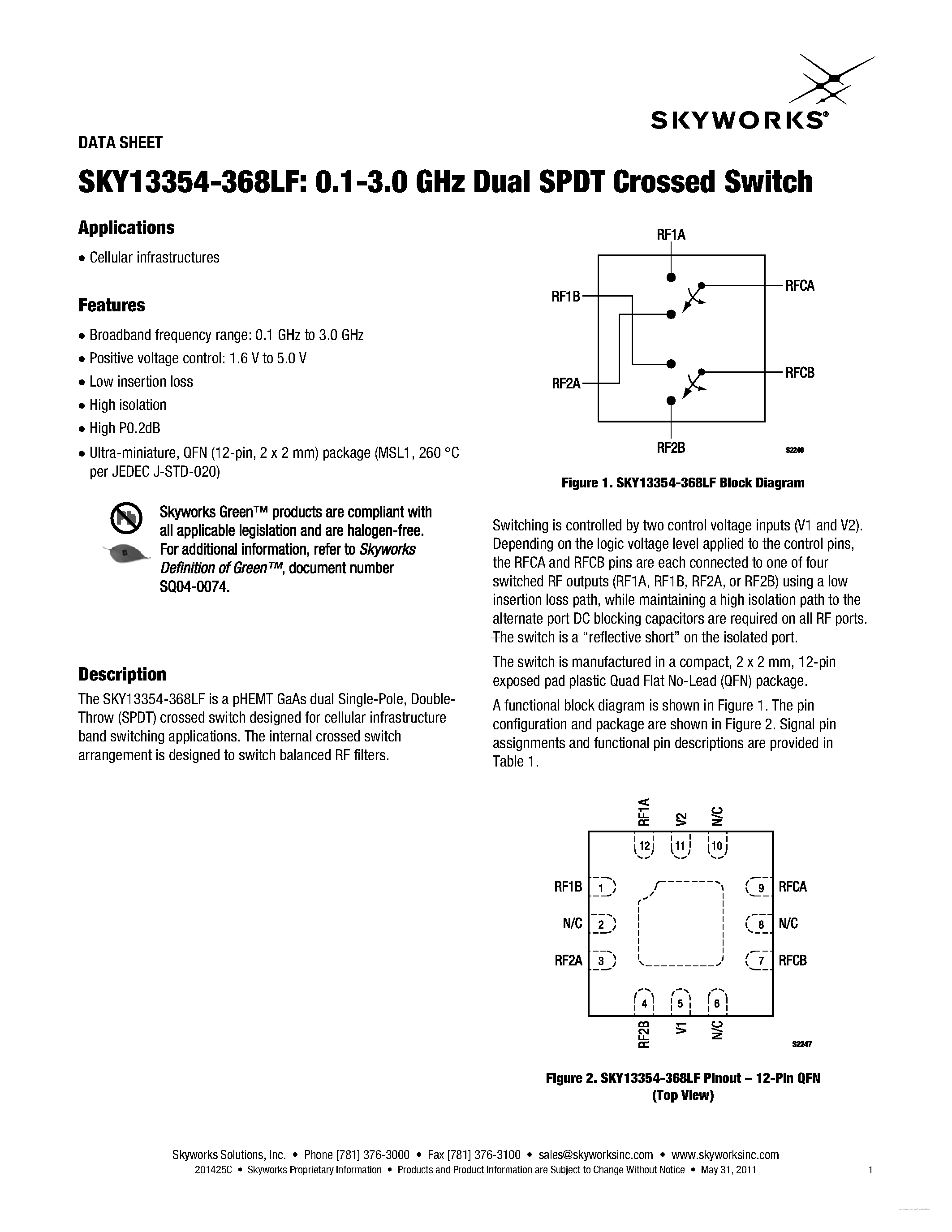 Datasheet SKY13354-368LF - 0.1-3.0 GHz Dual SPDT Crossed Switch page 1