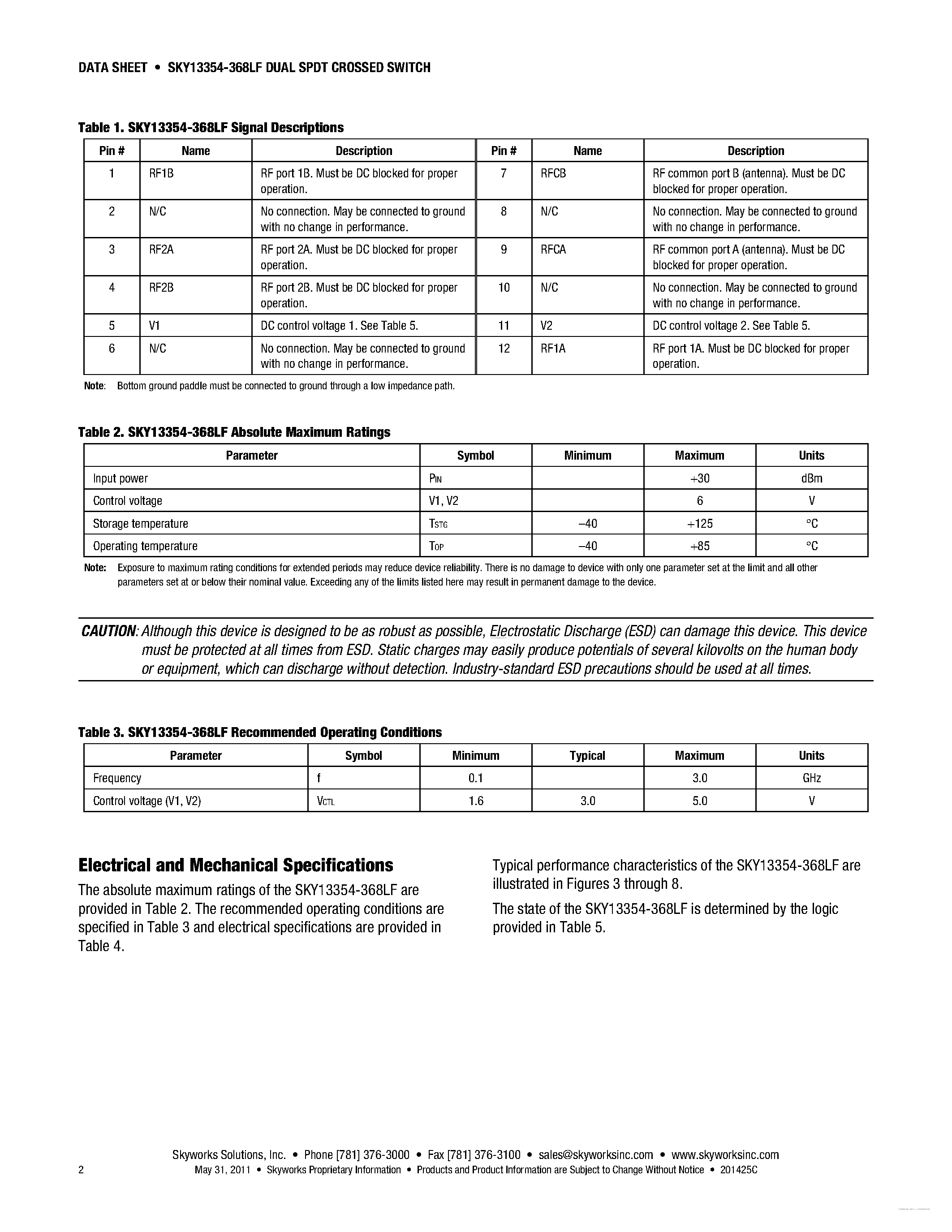 Datasheet SKY13354-368LF - 0.1-3.0 GHz Dual SPDT Crossed Switch page 2