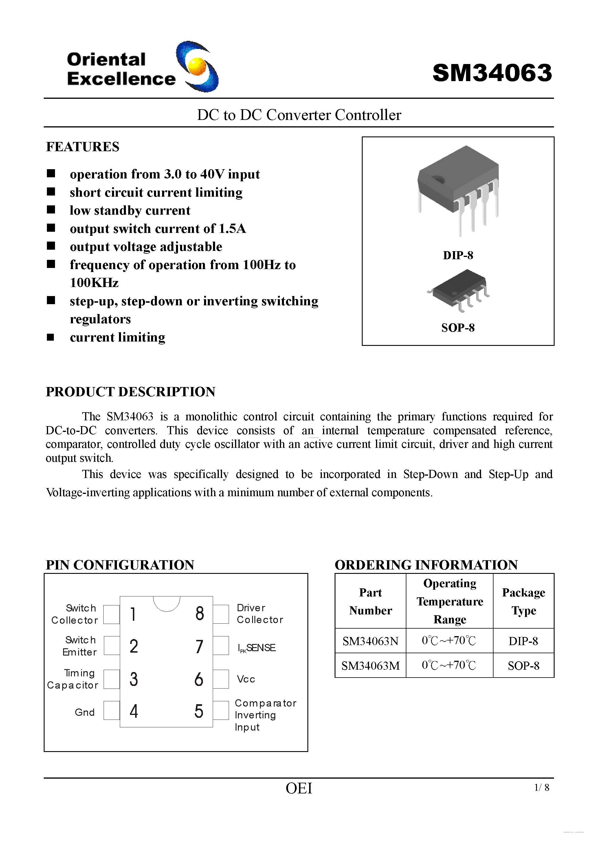 Даташит SM34063 - DC to DC Converter Controller страница 1