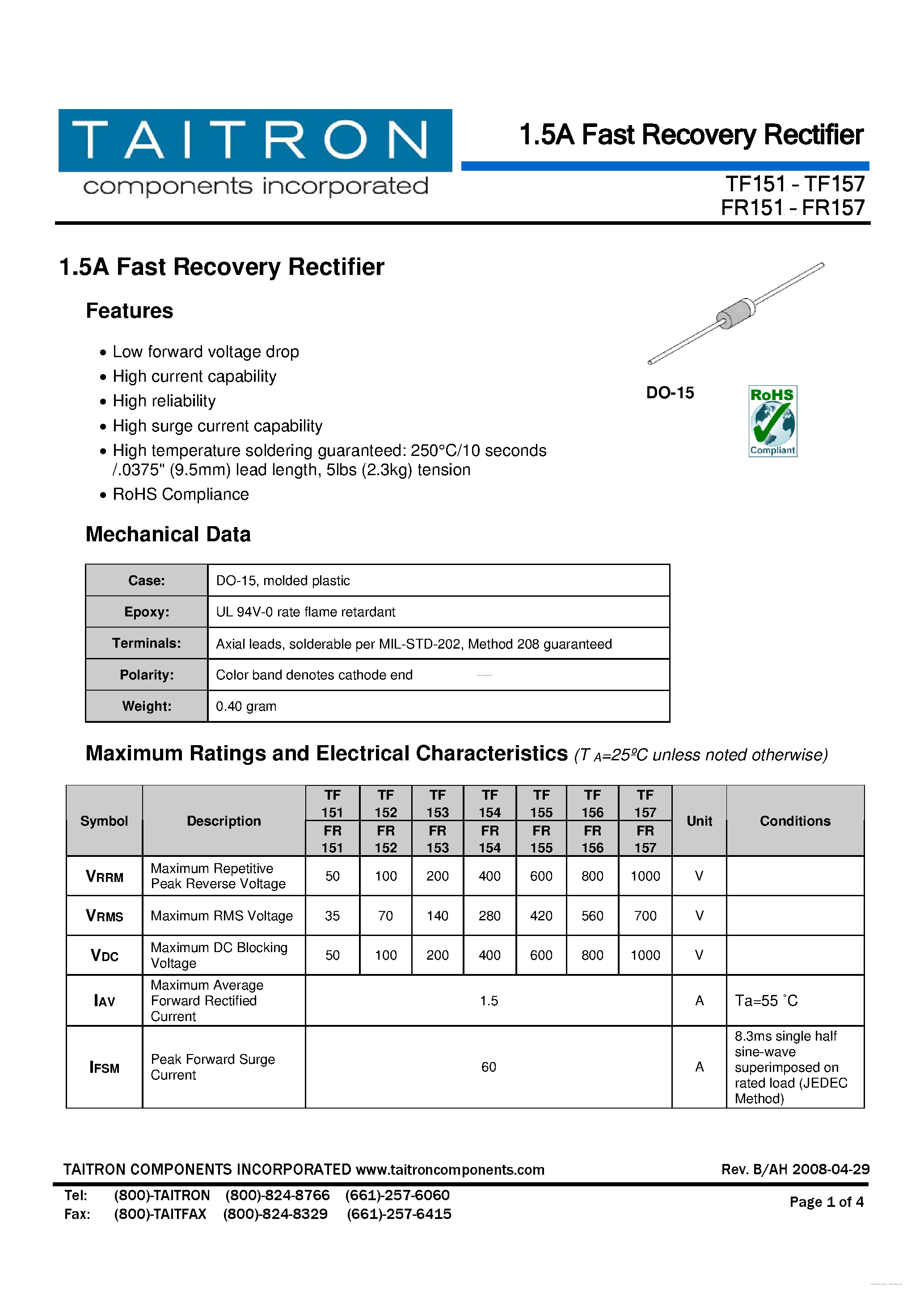 Даташит на микросхему TF151 страница 1 Даташит TF151 - (TF151 - TF157) 1.5A Fast Recovery Rectifier страница 1