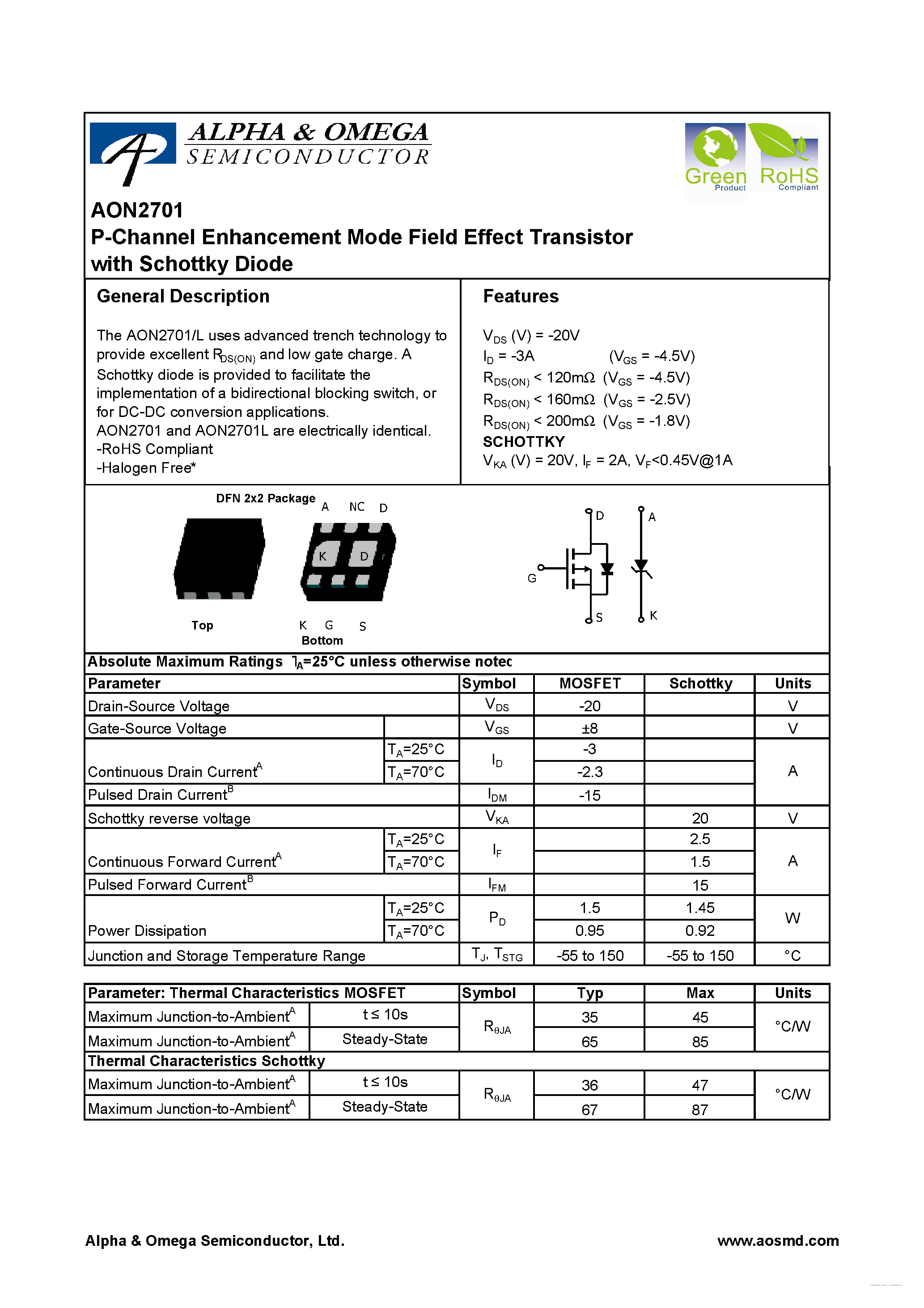 Datasheet AON2701 - P-Channel Enhancement Mode Field Effect Transistor page 1