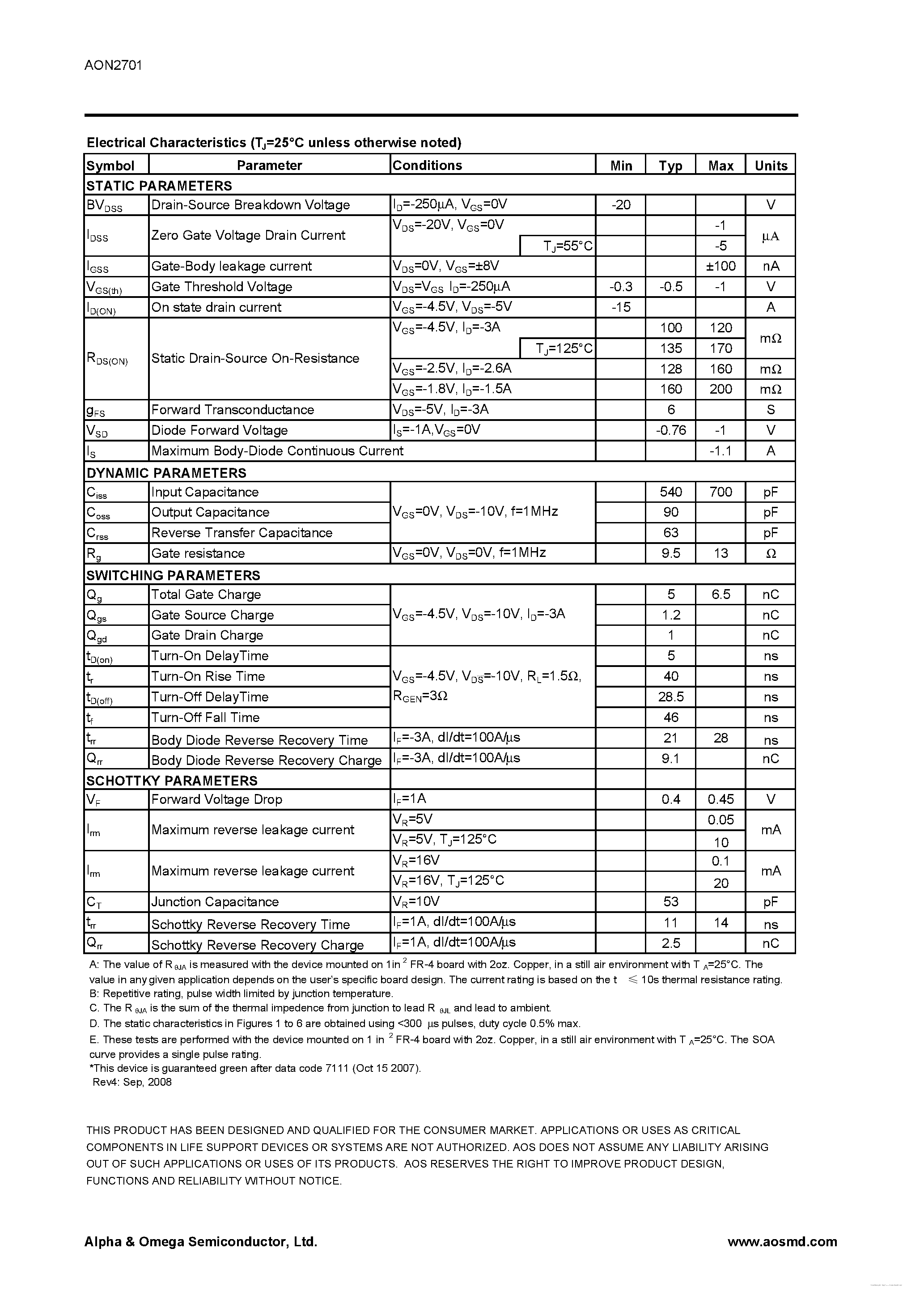 Datasheet AON2701 - P-Channel Enhancement Mode Field Effect Transistor page 2