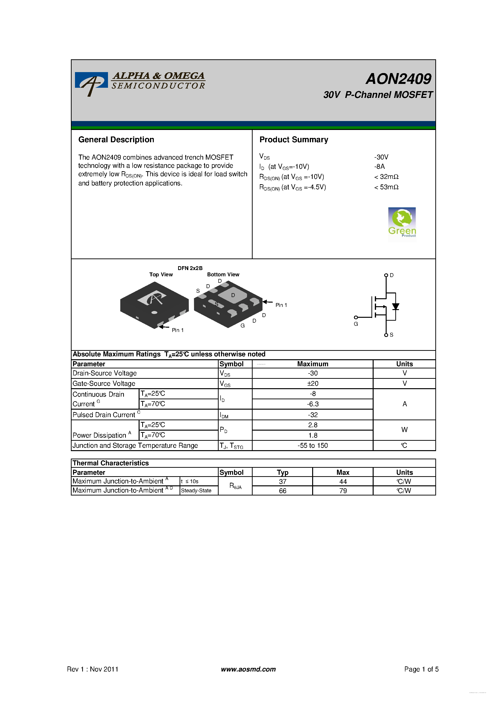 Datasheet AON2409 - 30V P-Channel MOSFET page 1