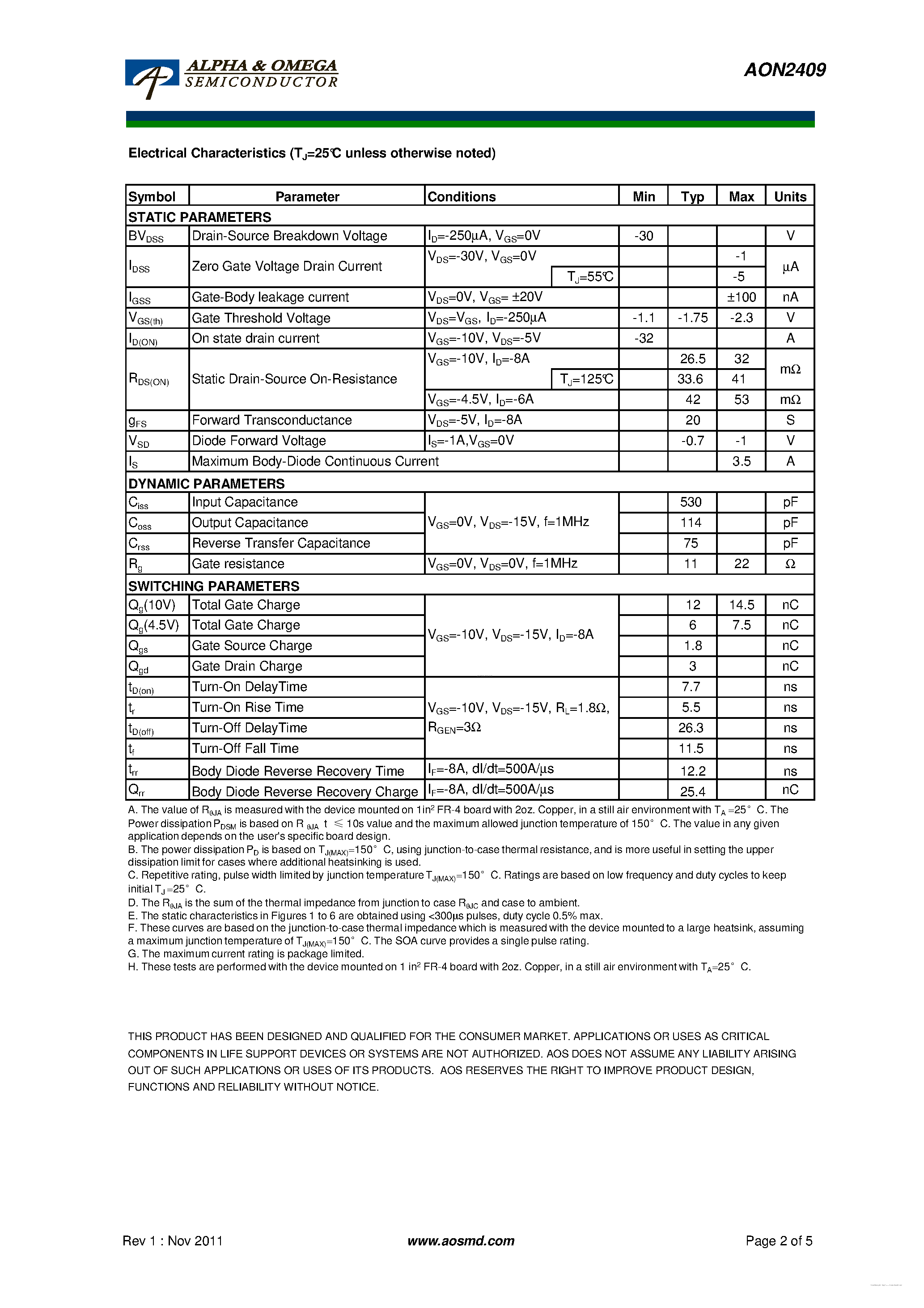 Datasheet AON2409 - 30V P-Channel MOSFET page 2