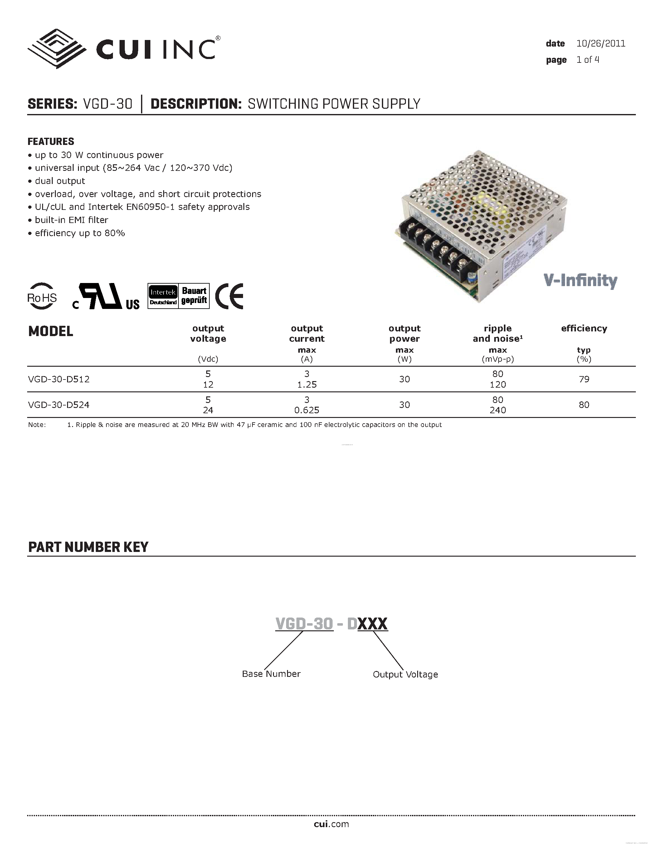 Datasheet VGD-30-D512 - SWITCHING POWER SUPPLY page 1
