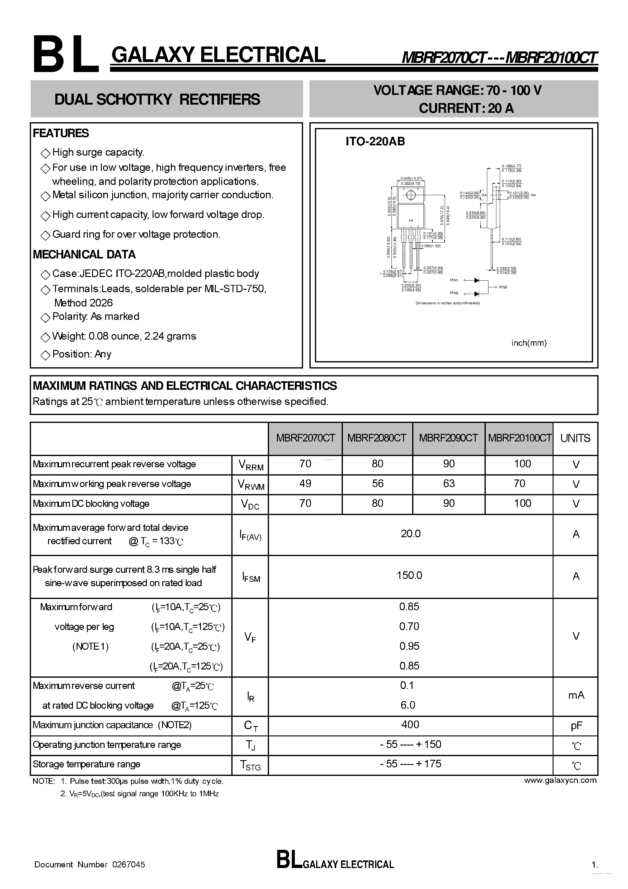 Datasheet MBRF20100CT page 1 Datasheet MBRF20100CT - (MBRF2070CT - MBRF20100CT) DUAL SCHOTTKY RECTIFIERS page 1