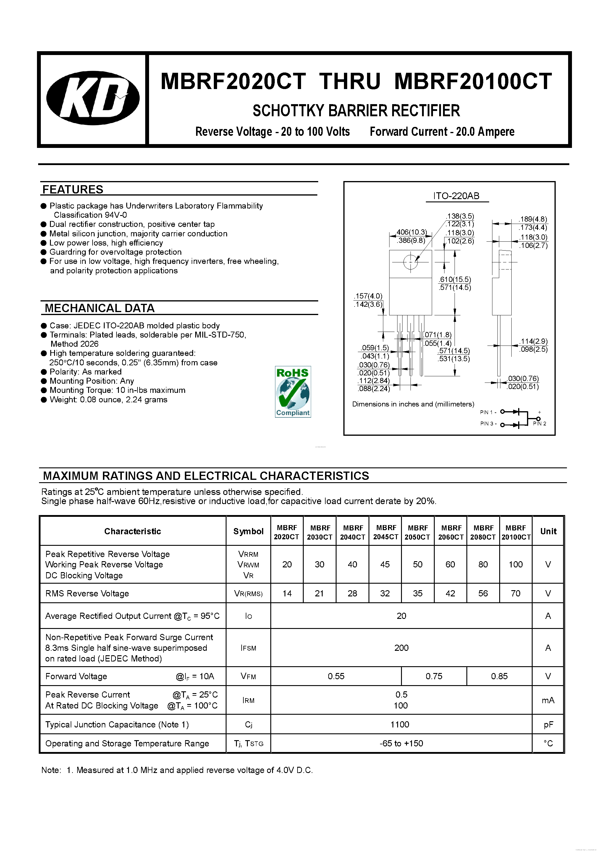 Даташит MBRF20100CT - (MBRF2020CT - MBRF20100CT) SCHOTTKY BARRIER RECTIFIER страница 1