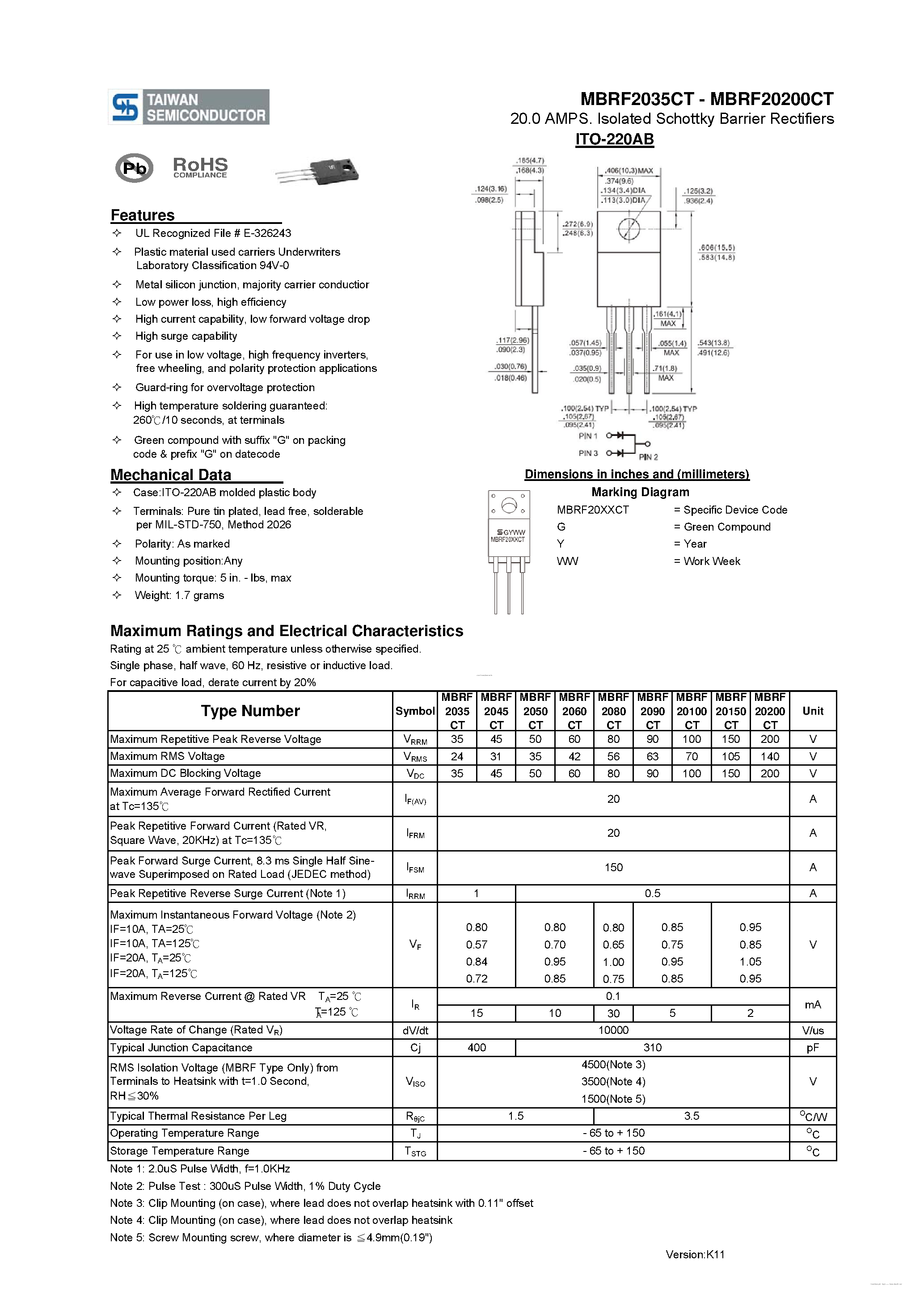 Datasheet MBRF20100CT page 1 Datasheet MBRF20100CT - (MBRF2035CT - MBRF20200CT) Isolated Schottky Barrier Rectifiers page 1