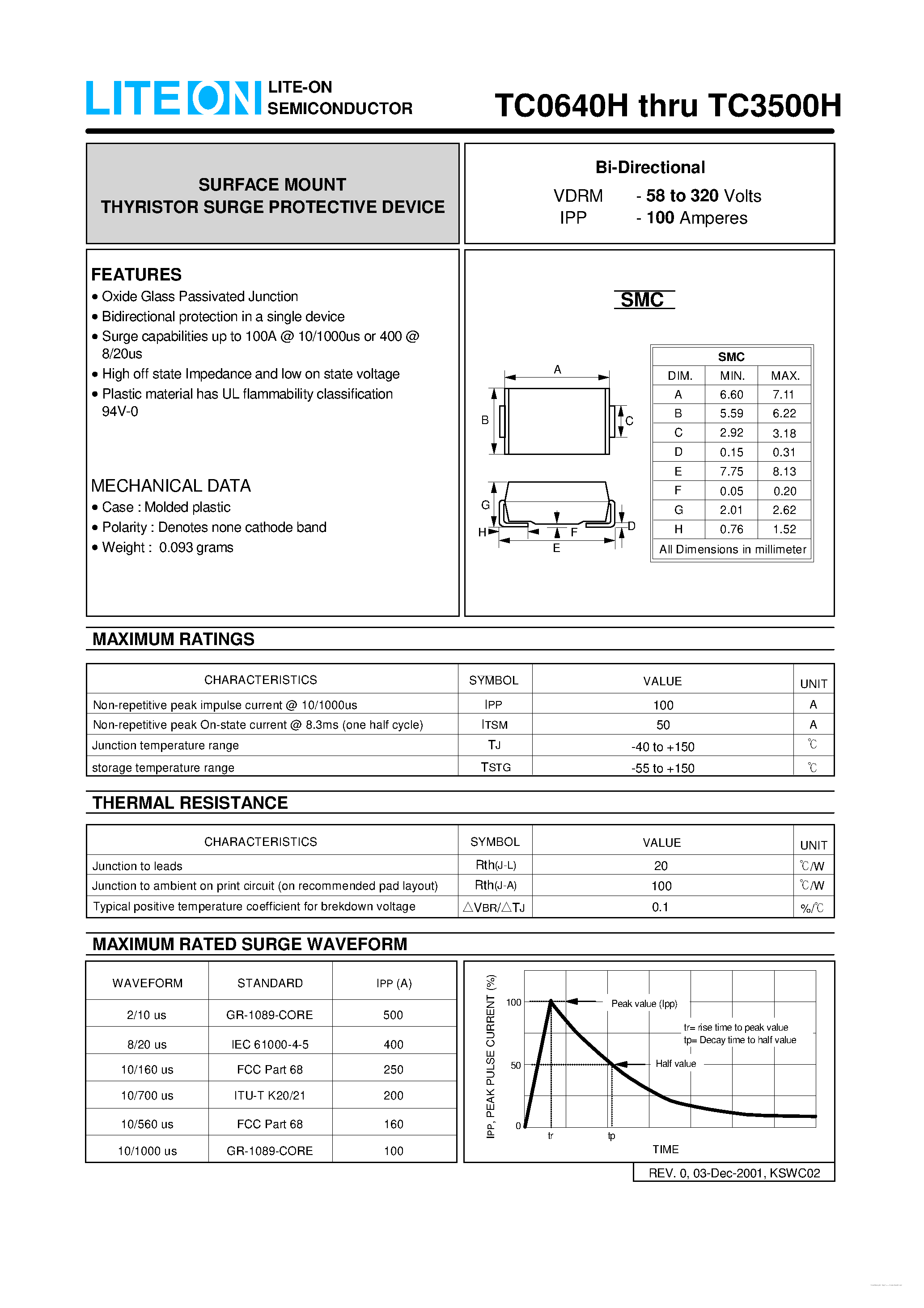 Даташит TC1100H - (TC1100H - TC1800H) SURFACE MOUNT THYRISTOR SURGE PROTECTIVE DEVICE страница 1