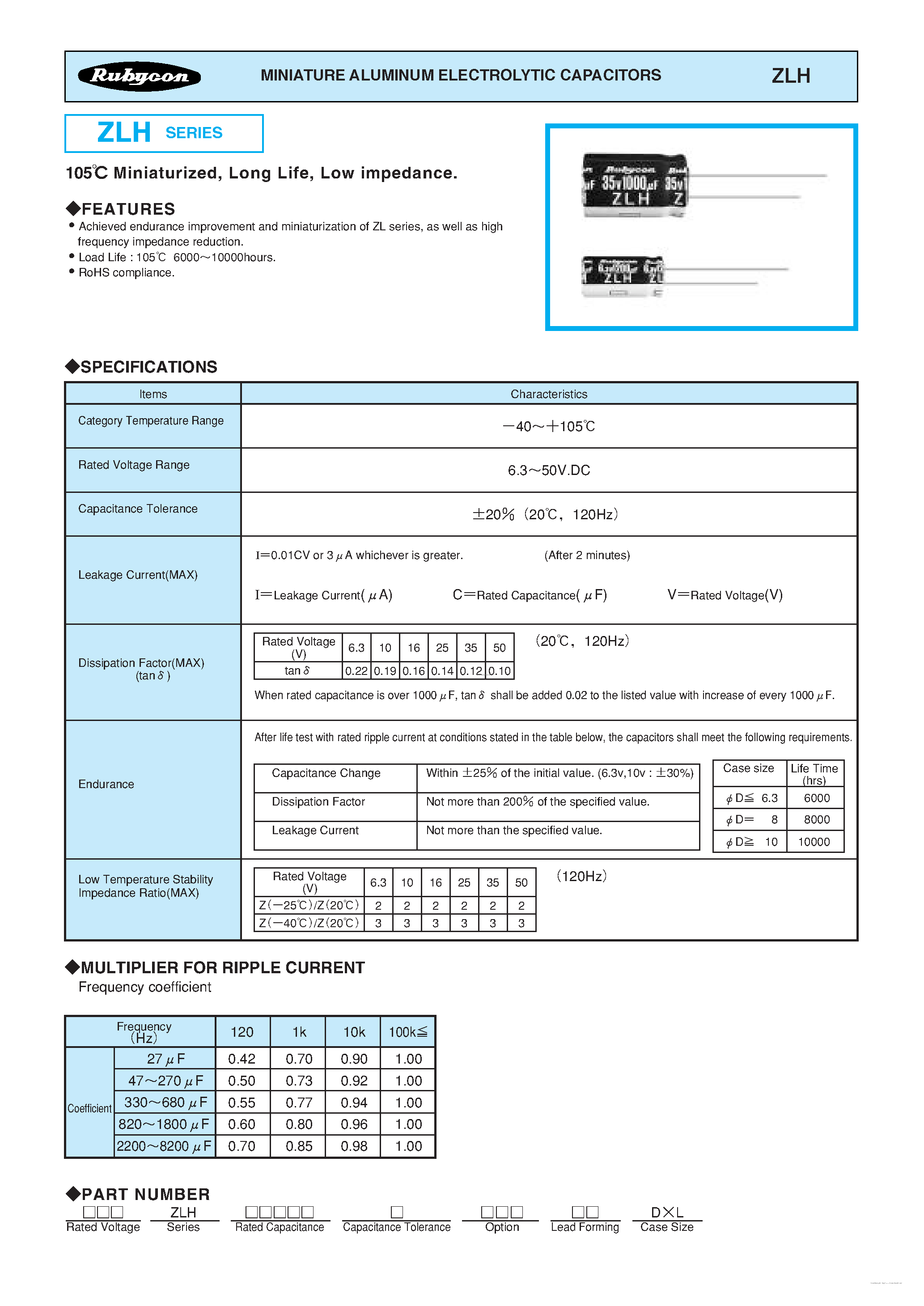 Datasheet 63ZLH - MINIATURE ALUMINUM ELECTROLYTIC CAPACITORS page 1