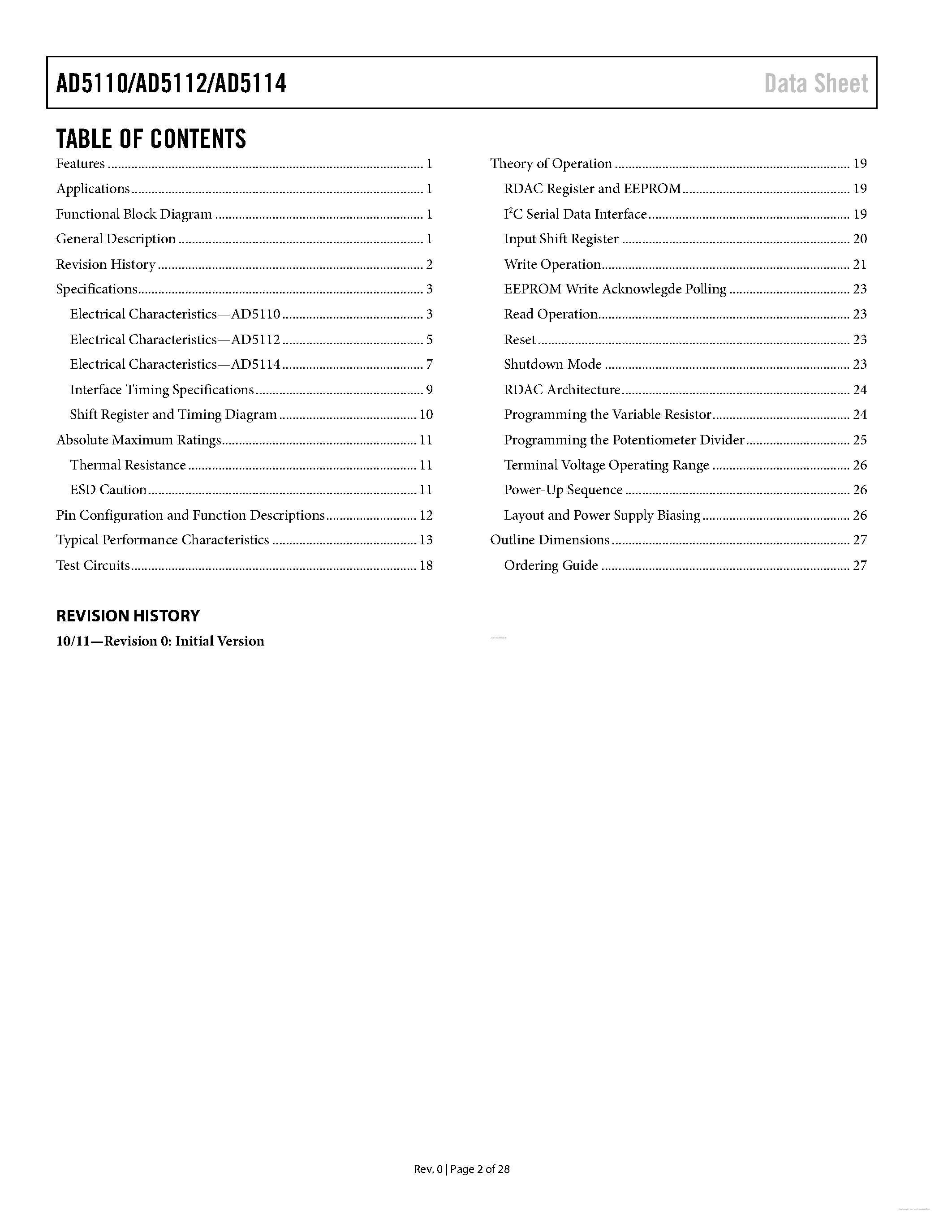 Datasheet AD5110 - (AD5110 - AD5114) Nonvolatile Digital Potentiometer page 2