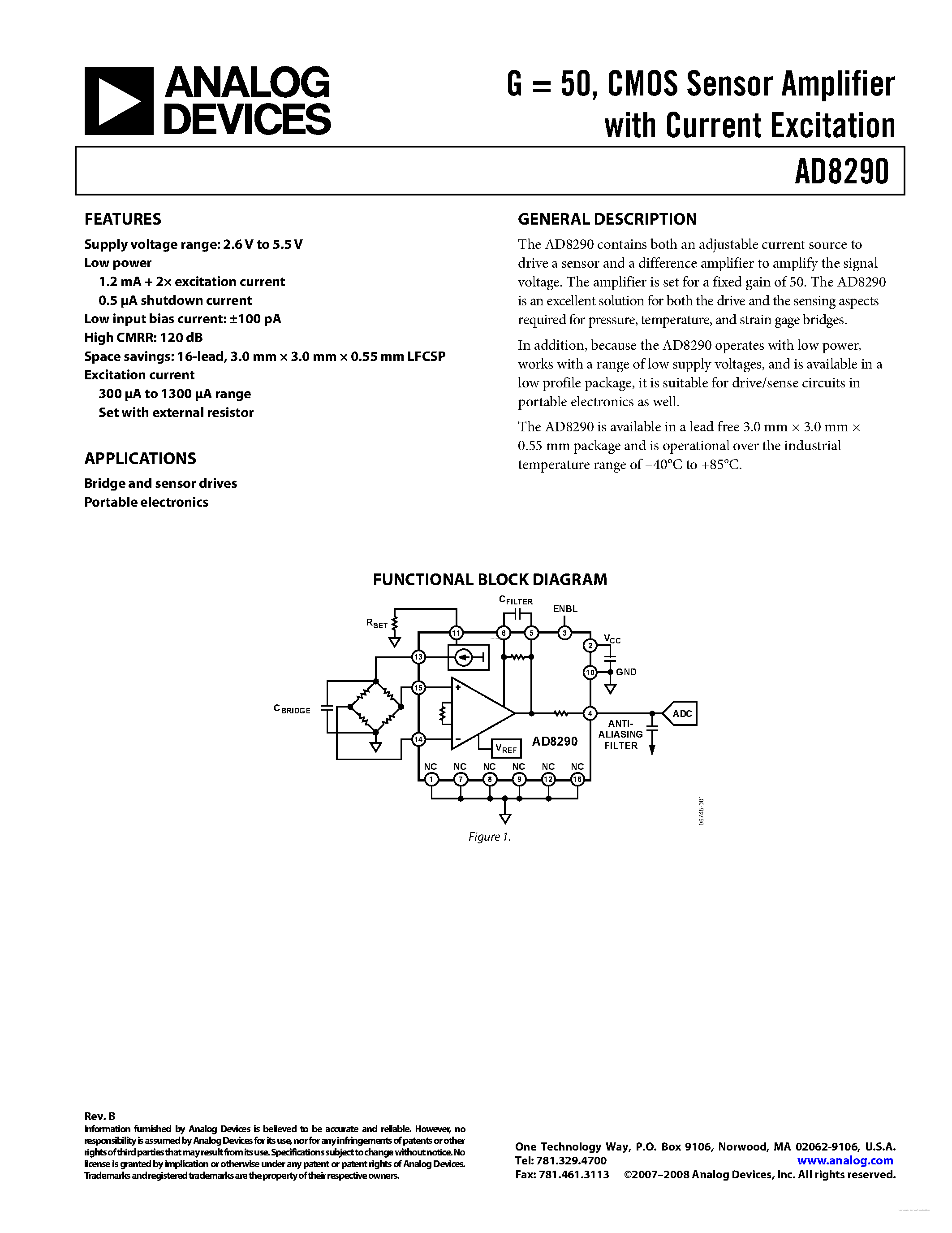 Datasheet AD8290 page 1 Datasheet AD8290 - CMOS Sensor Amplifier page 1