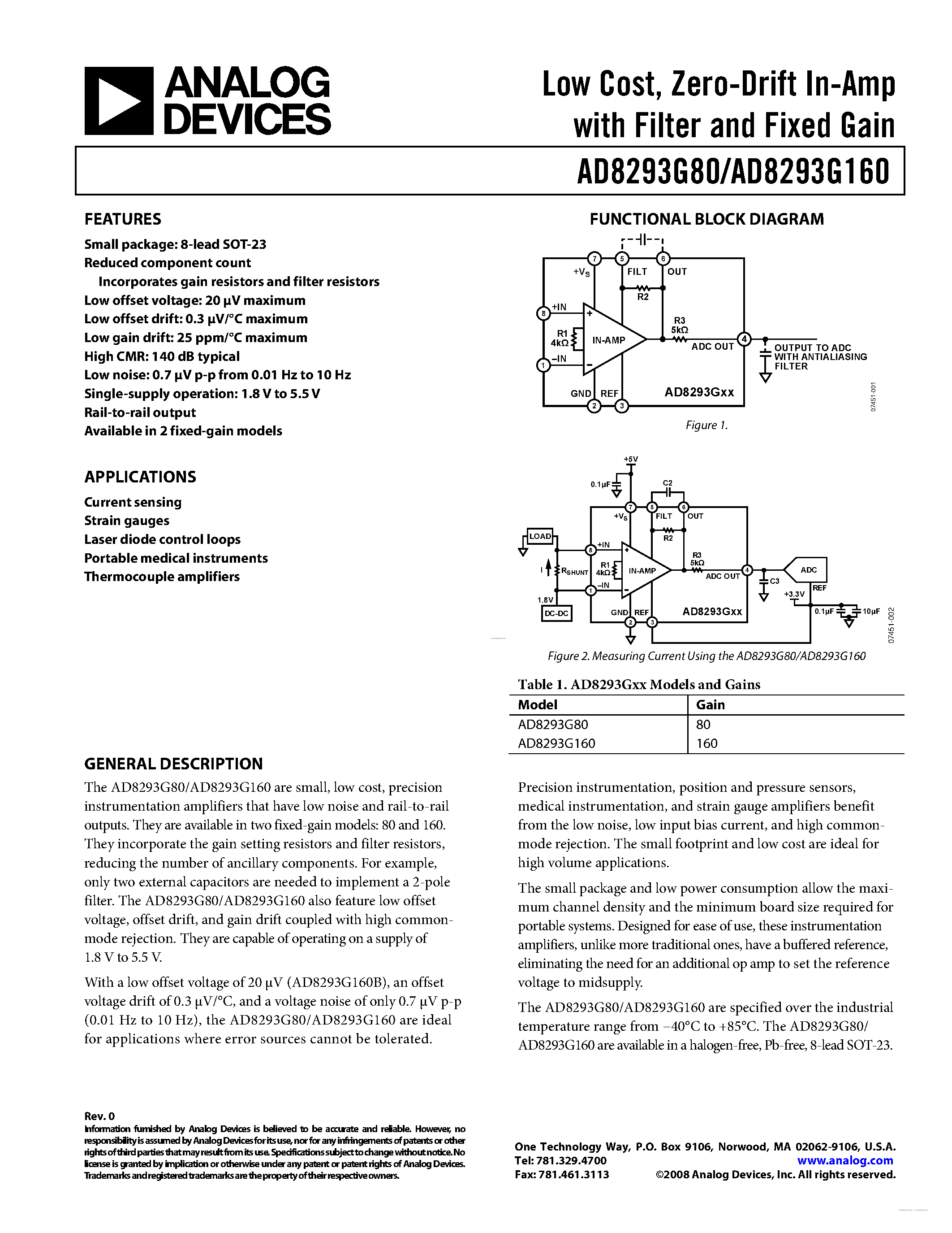 Datasheet AD8293G160 - Zero-Drift In-Amp page 1