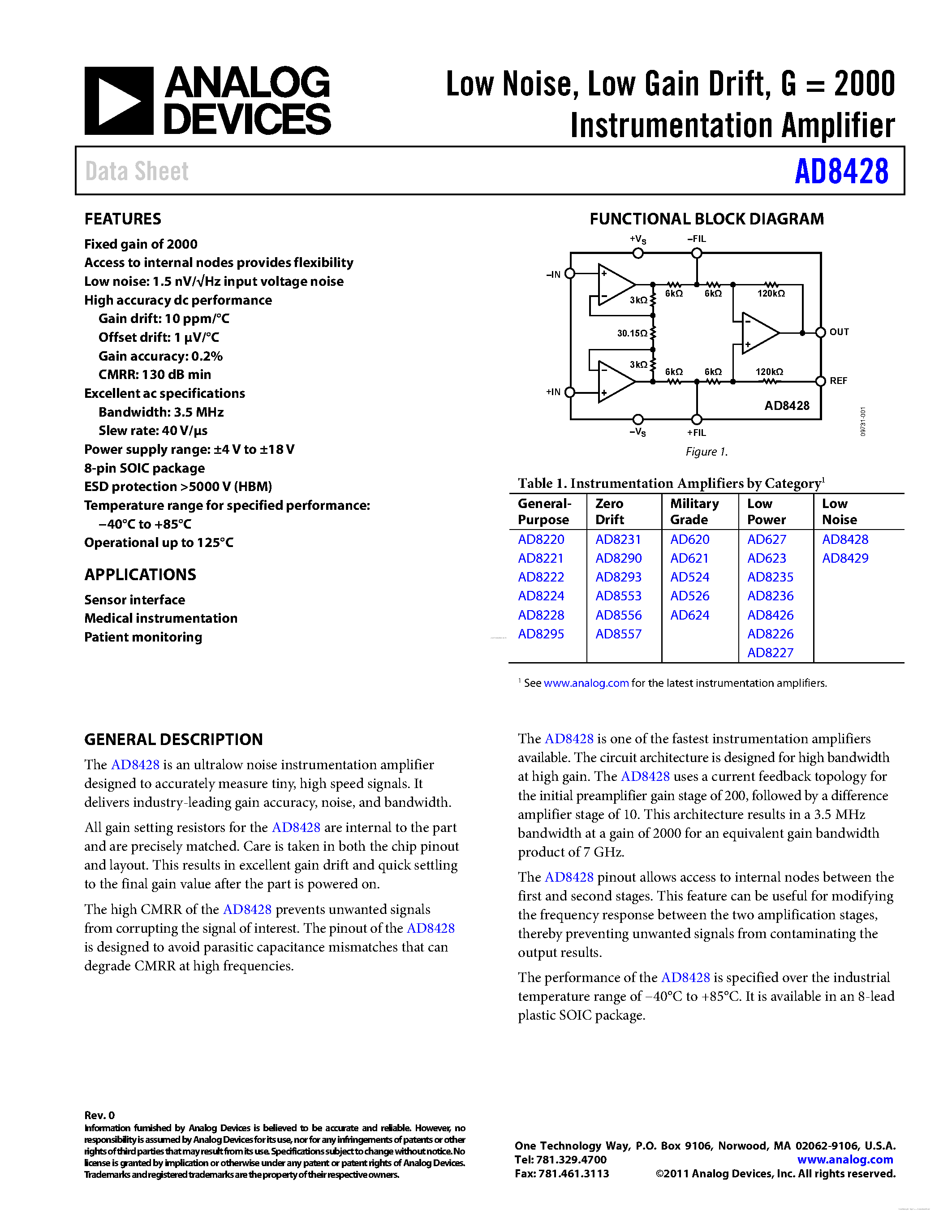 Datasheet AD8428 - Instrumentation Amplifier page 1