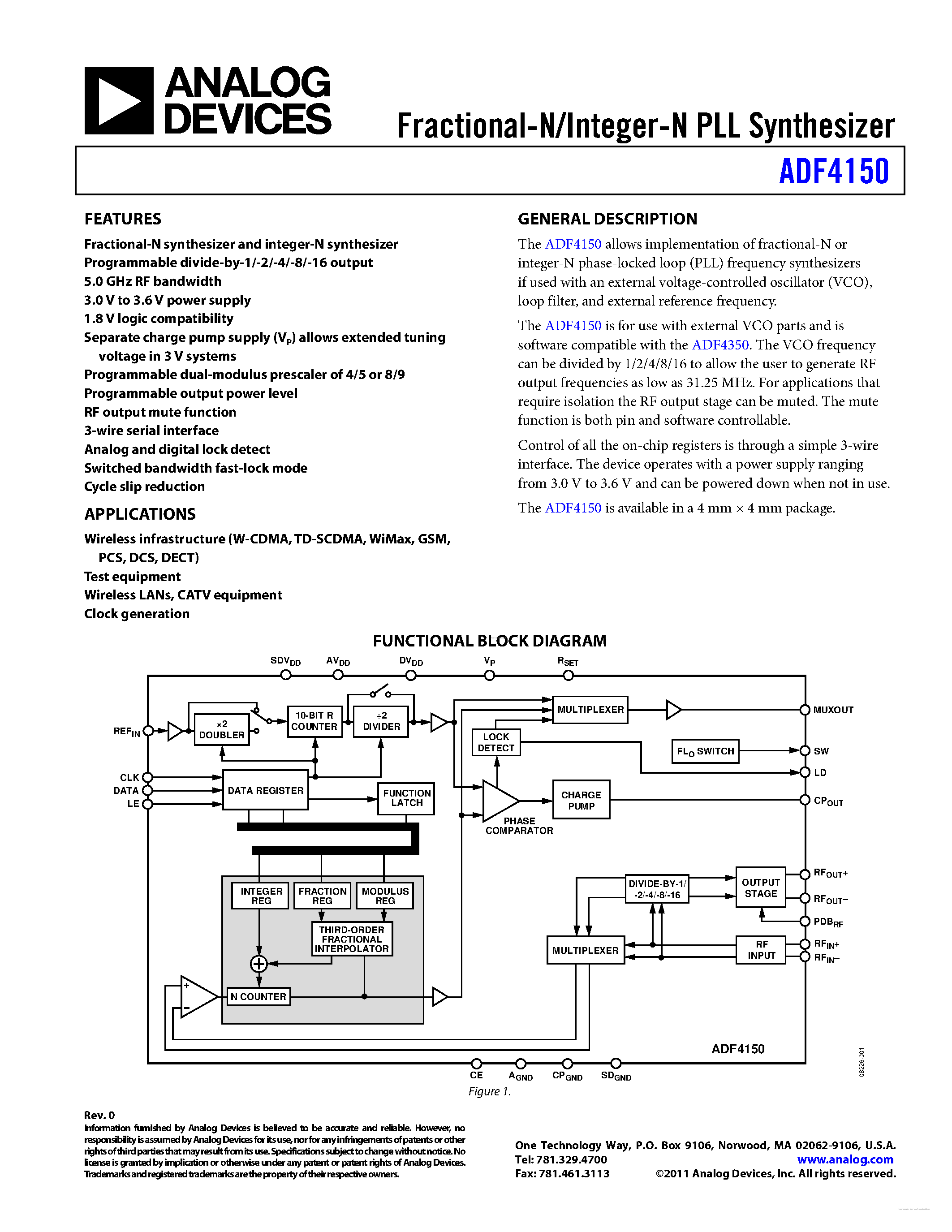 Даташит ADF4150 - Fractional-N/Integer-N PLL Synthesizer страница 1