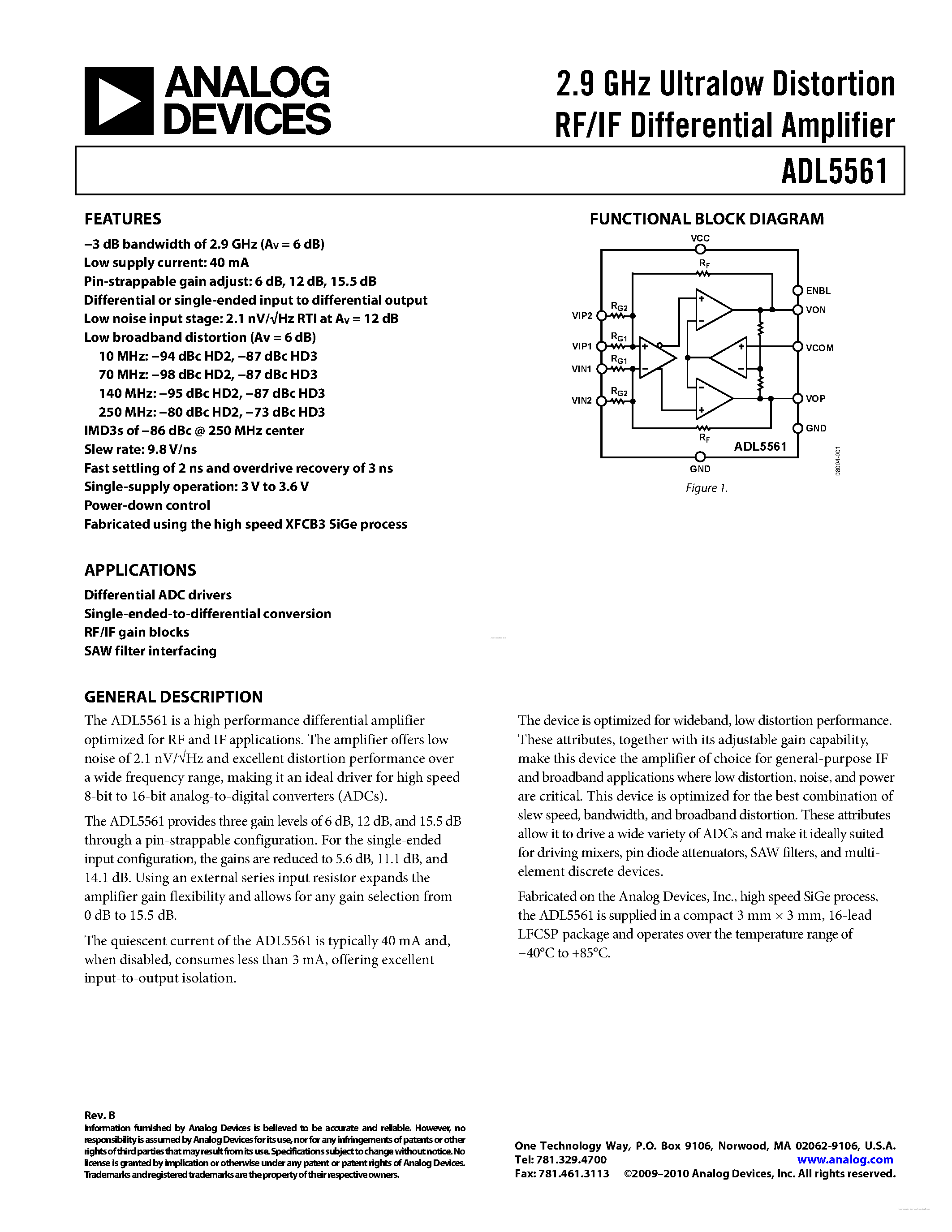 Даташит ADL5561 - 2.9 GHz Ultralow Distortion RF/IF Differential Amplifier страница 1