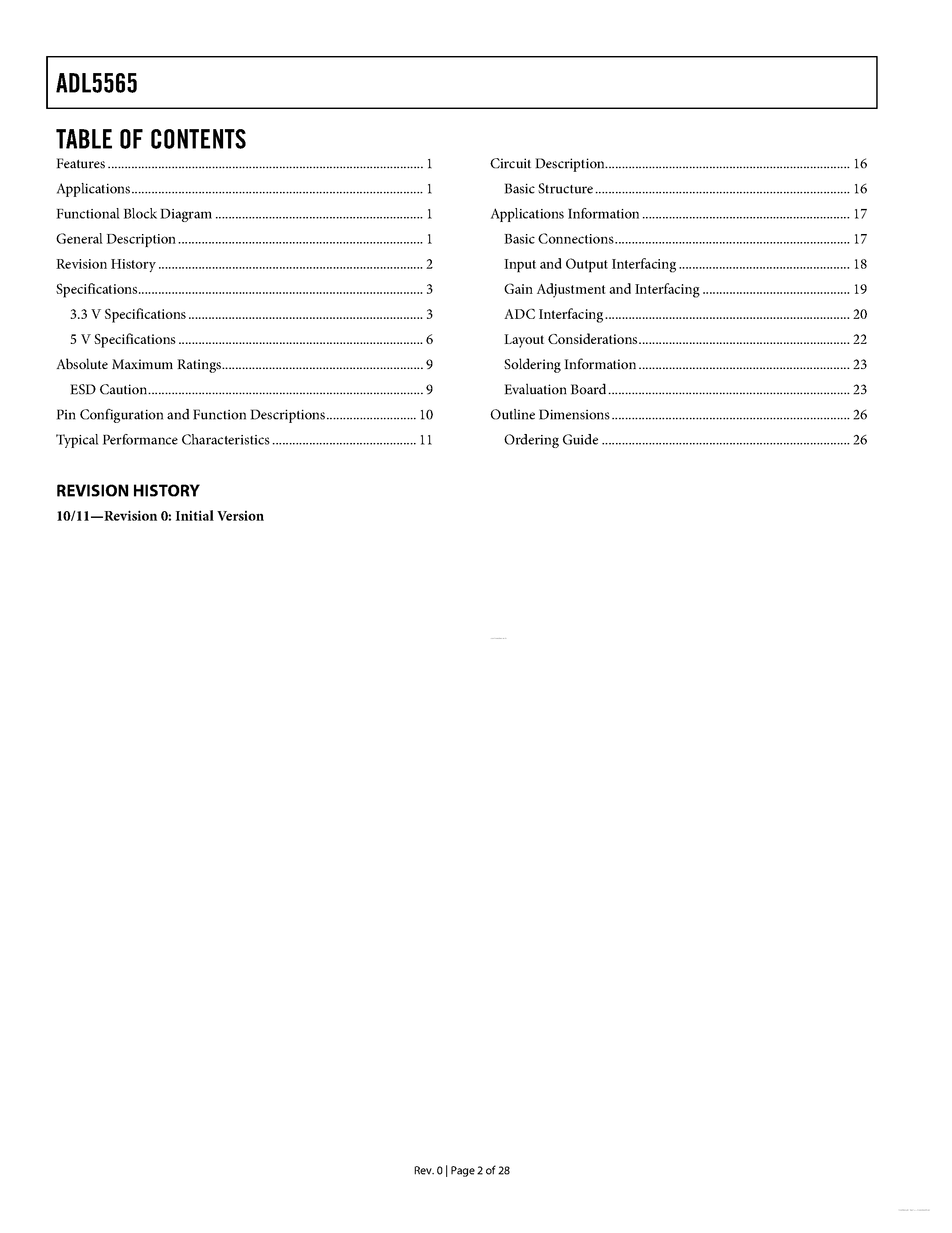 Datasheet ADL5565 page 2 Datasheet ADL5565 - 6 GHz Ultrahigh Dynamic Range Differential Amplifier page 2