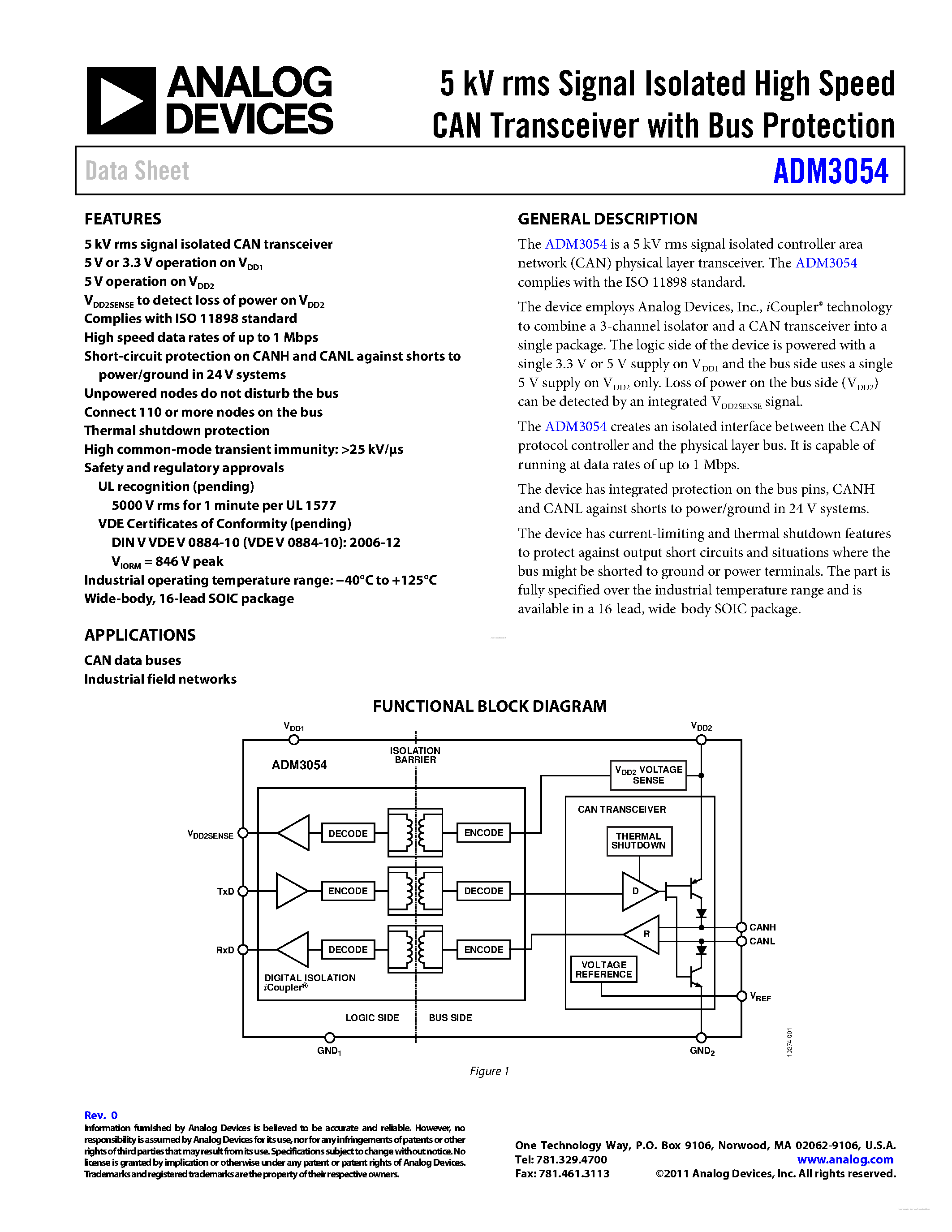 Datasheet ADM3054 - 5 kV rms Signal Isolated High Speed CAN Transceiver page 1