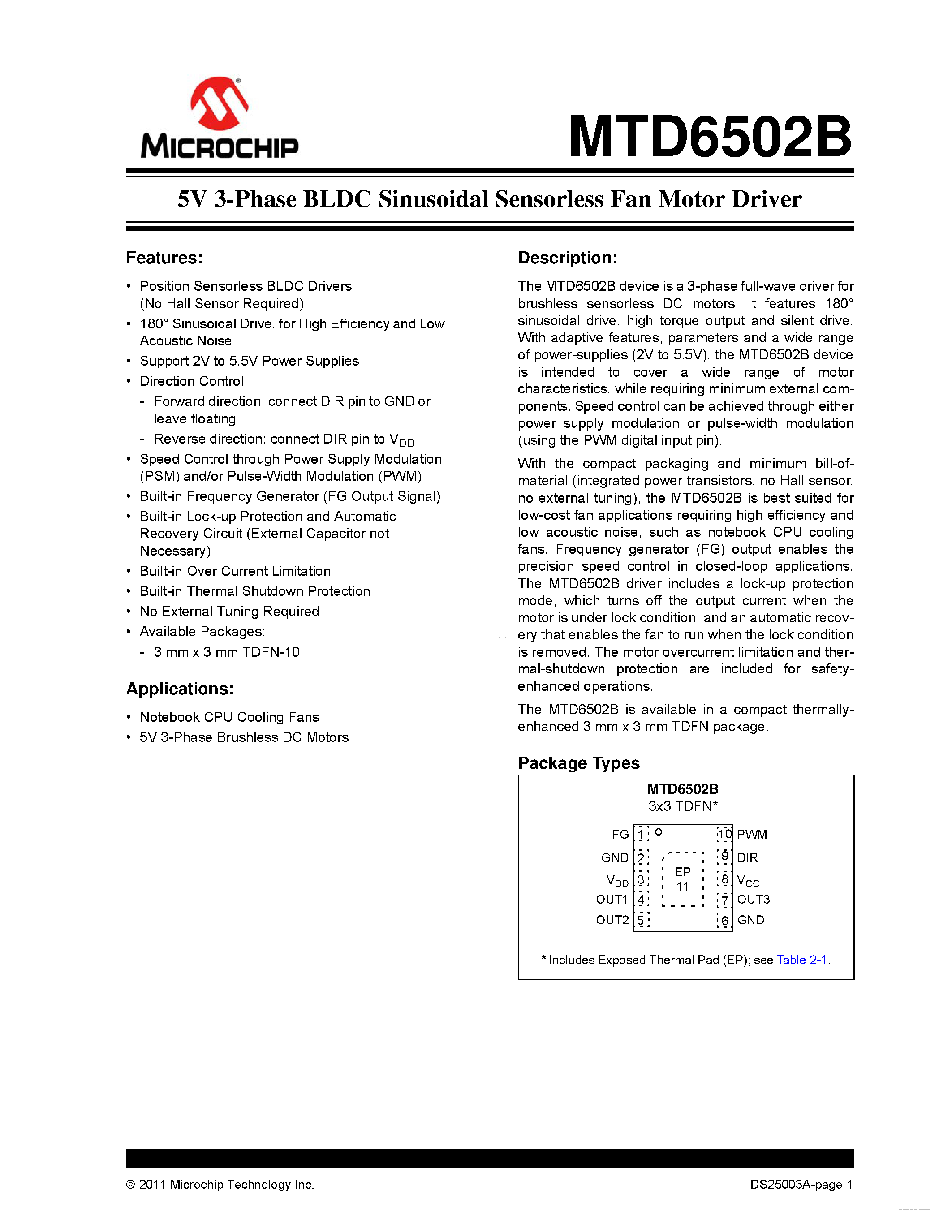Datasheet MTD6502B - 5V 3-Phase BLDC Sinusoidal Sensorless Fan Motor Driver page 1