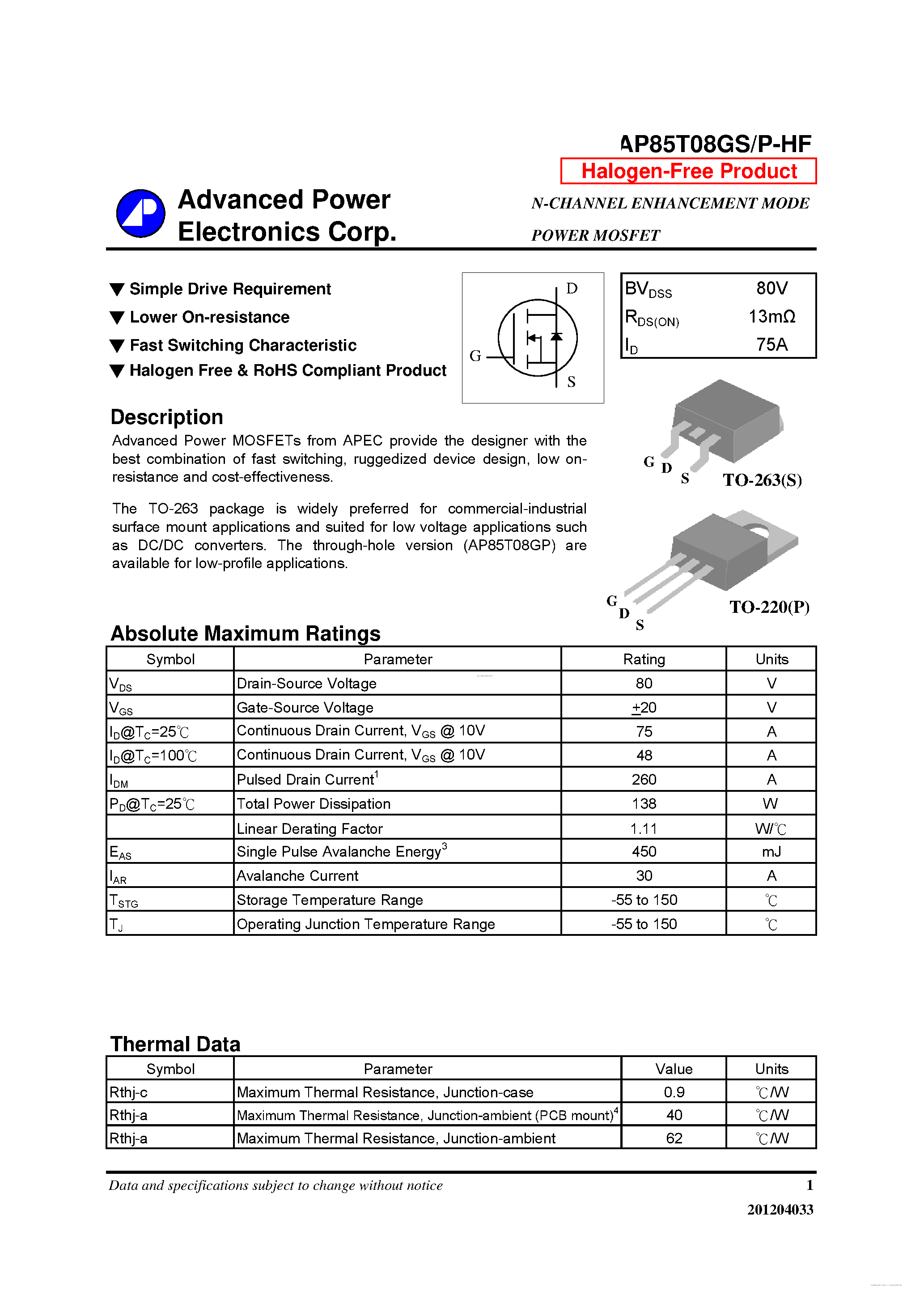 Datasheet AP85T08GP-HF - N-CHANNEL ENHANCEMENT MODE POWER MOSFET page 1