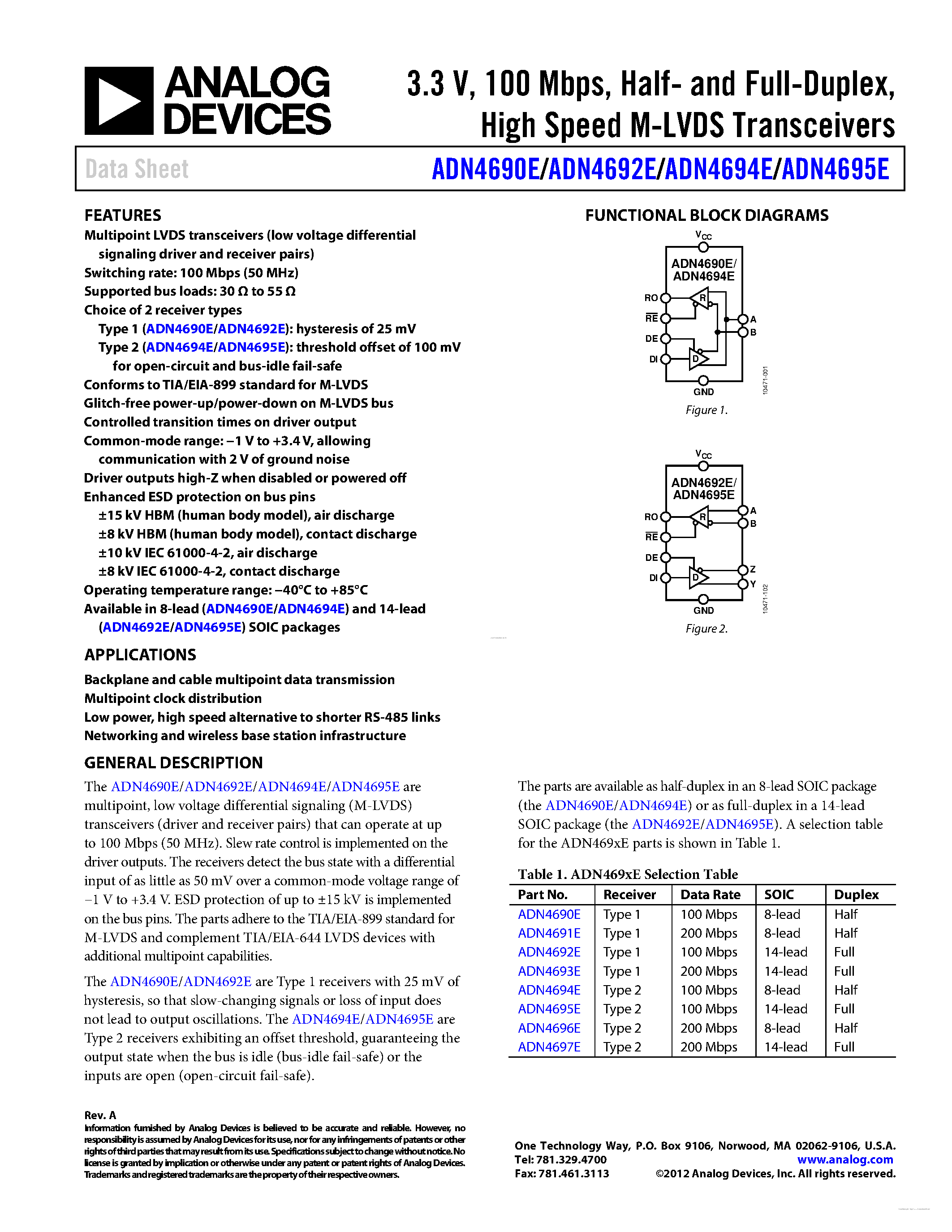 Даташит ADN4690E - (ADN4690E - ADN4695E) High Speed M-LVDS Transceivers страница 1