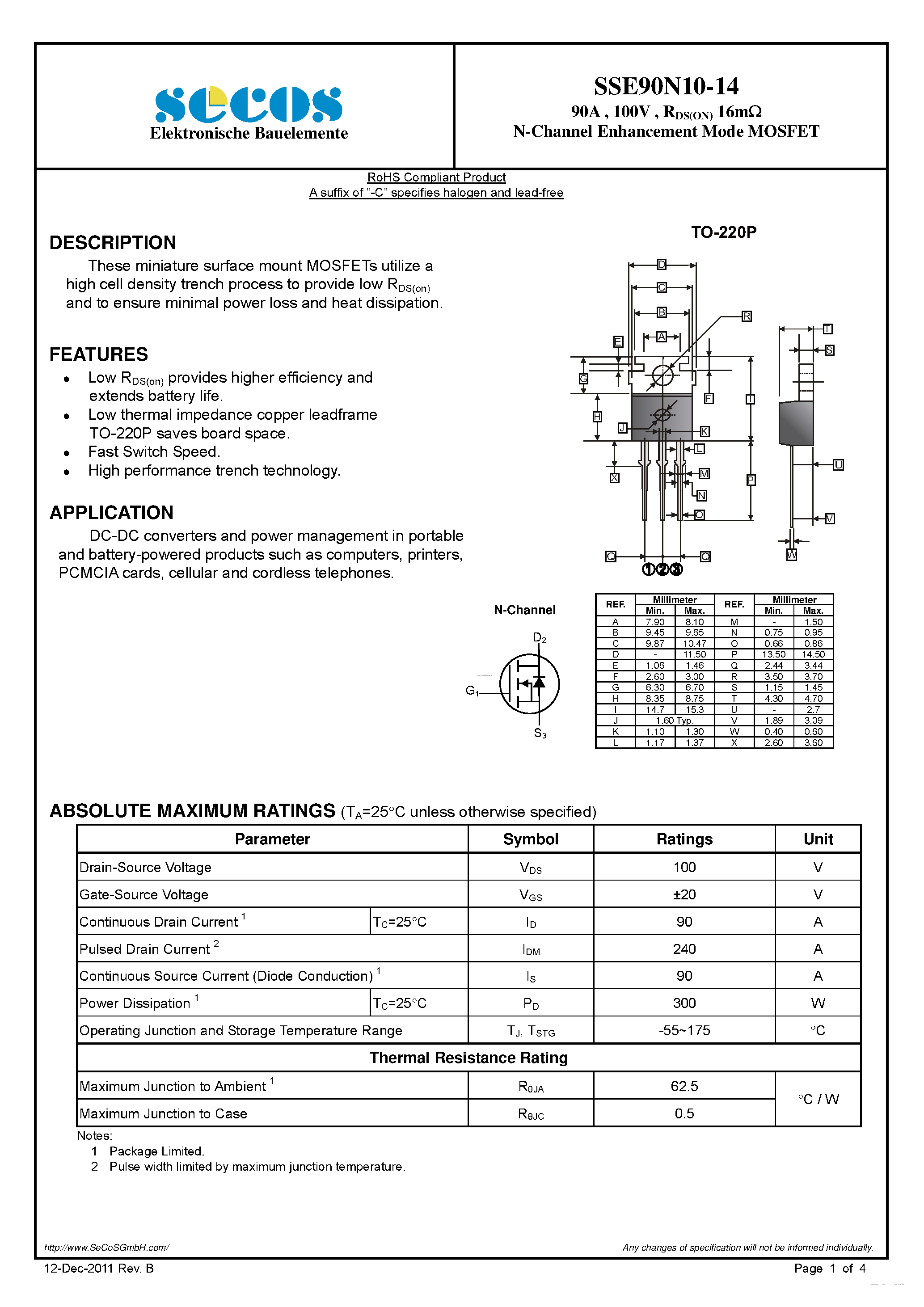 Datasheet SSE90N10-14 page 1 Datasheet SSE90N10-14 - N-Channel Enhancement Mode MosFET page 1