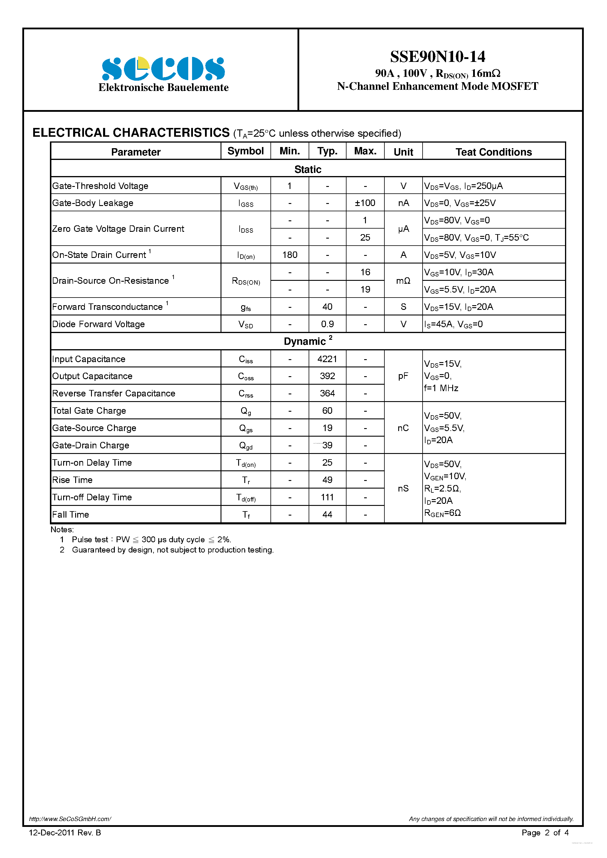 Datasheet SSE90N10-14 page 2 Datasheet SSE90N10-14 - N-Channel Enhancement Mode MosFET page 2