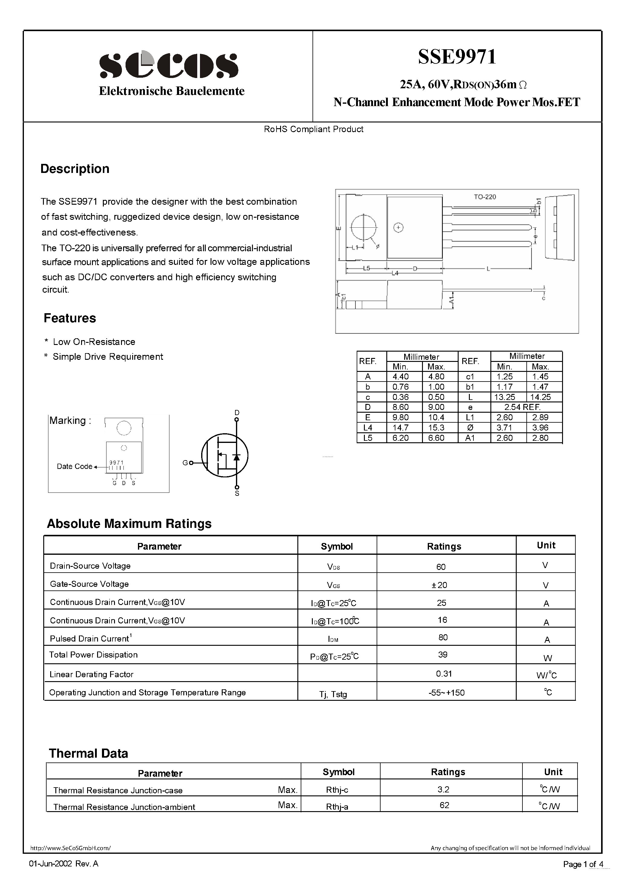 Datasheet SSE9971 - N-Channel Enhancement Mode MosFET page 1
