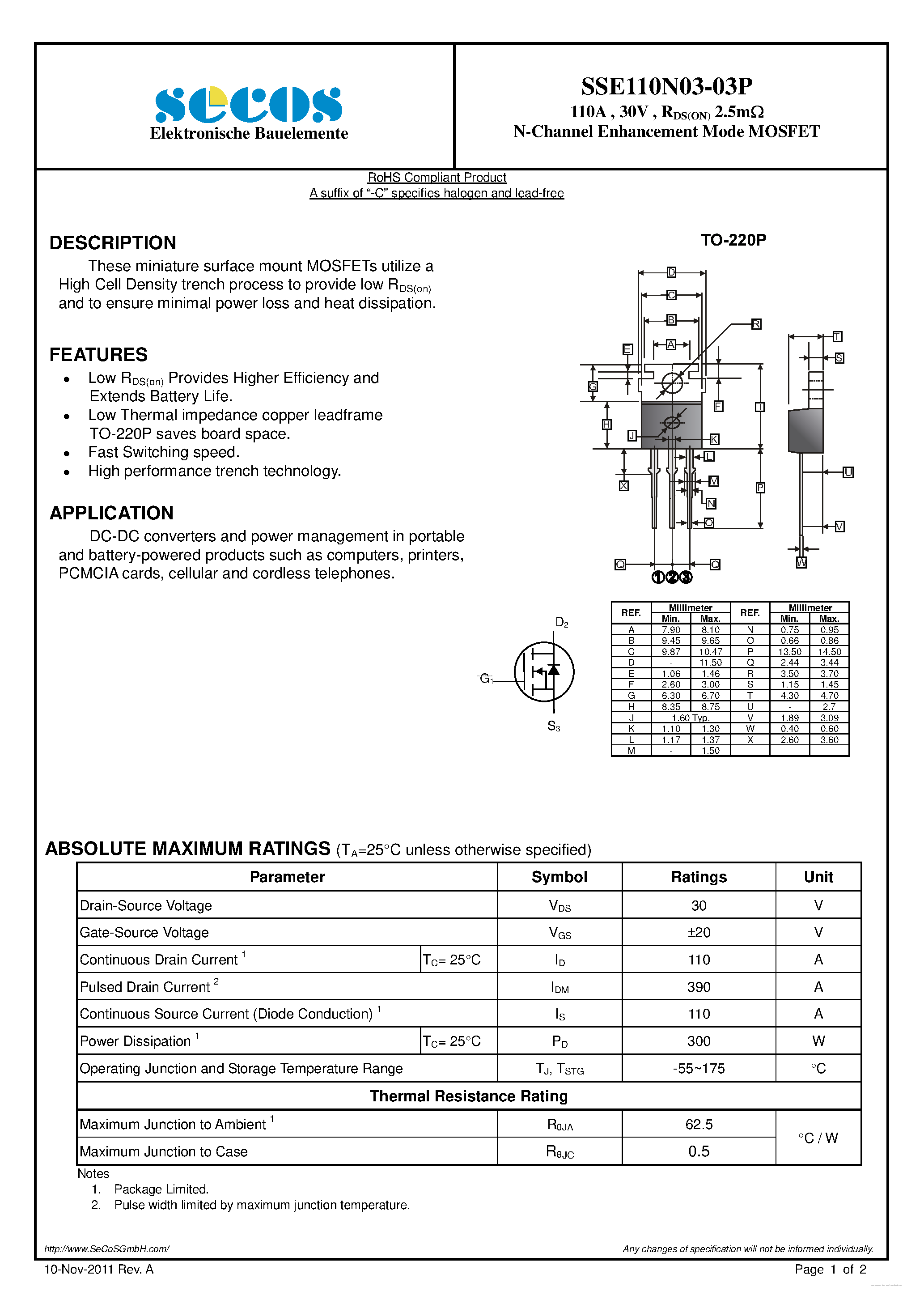 Datasheet SSE110N03-03P - N-Channel Enhancement Mode MOSFET page 1