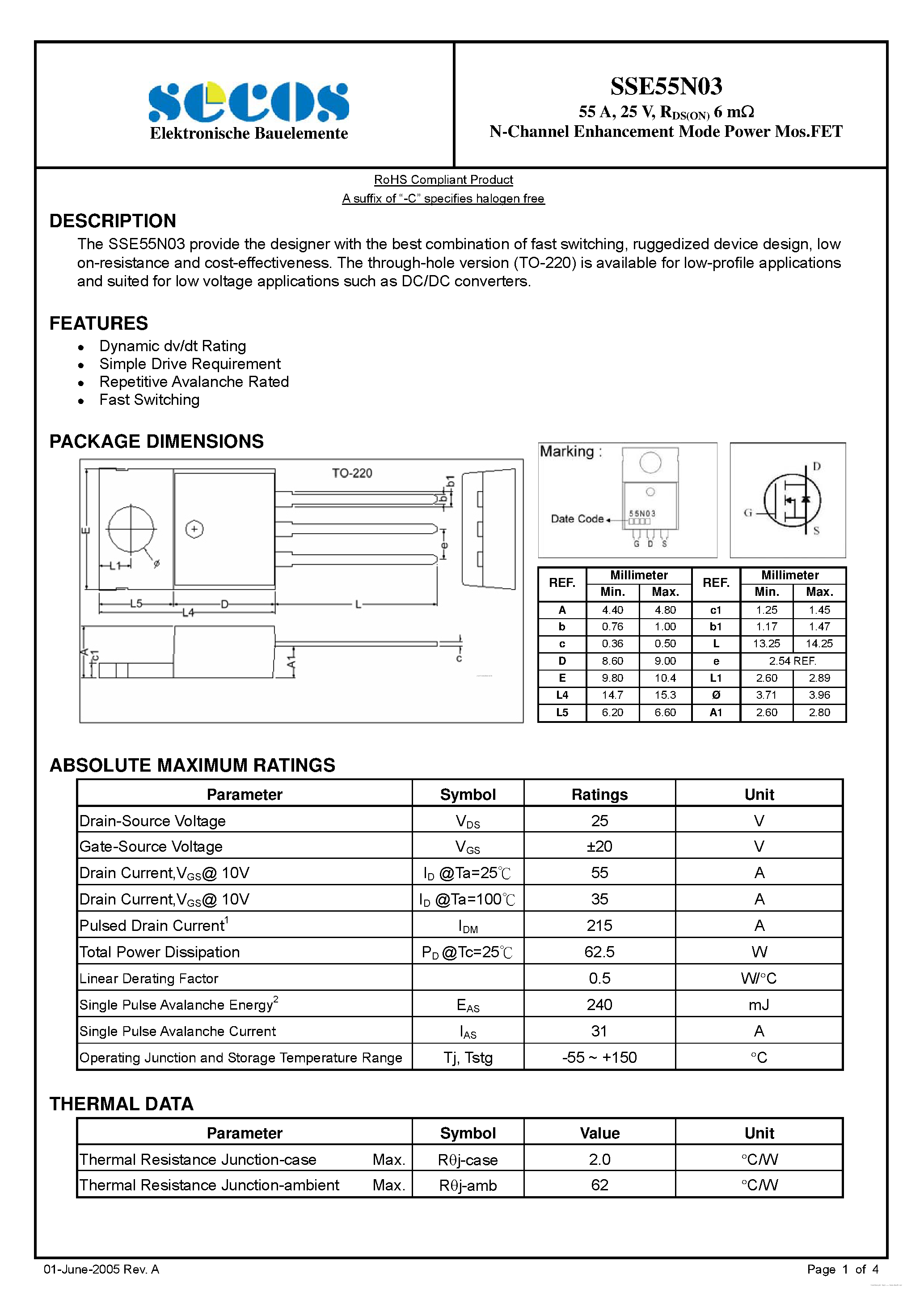 Datasheet SSE55N03 - N-Channel Enhancement Mode Power MosFET page 1