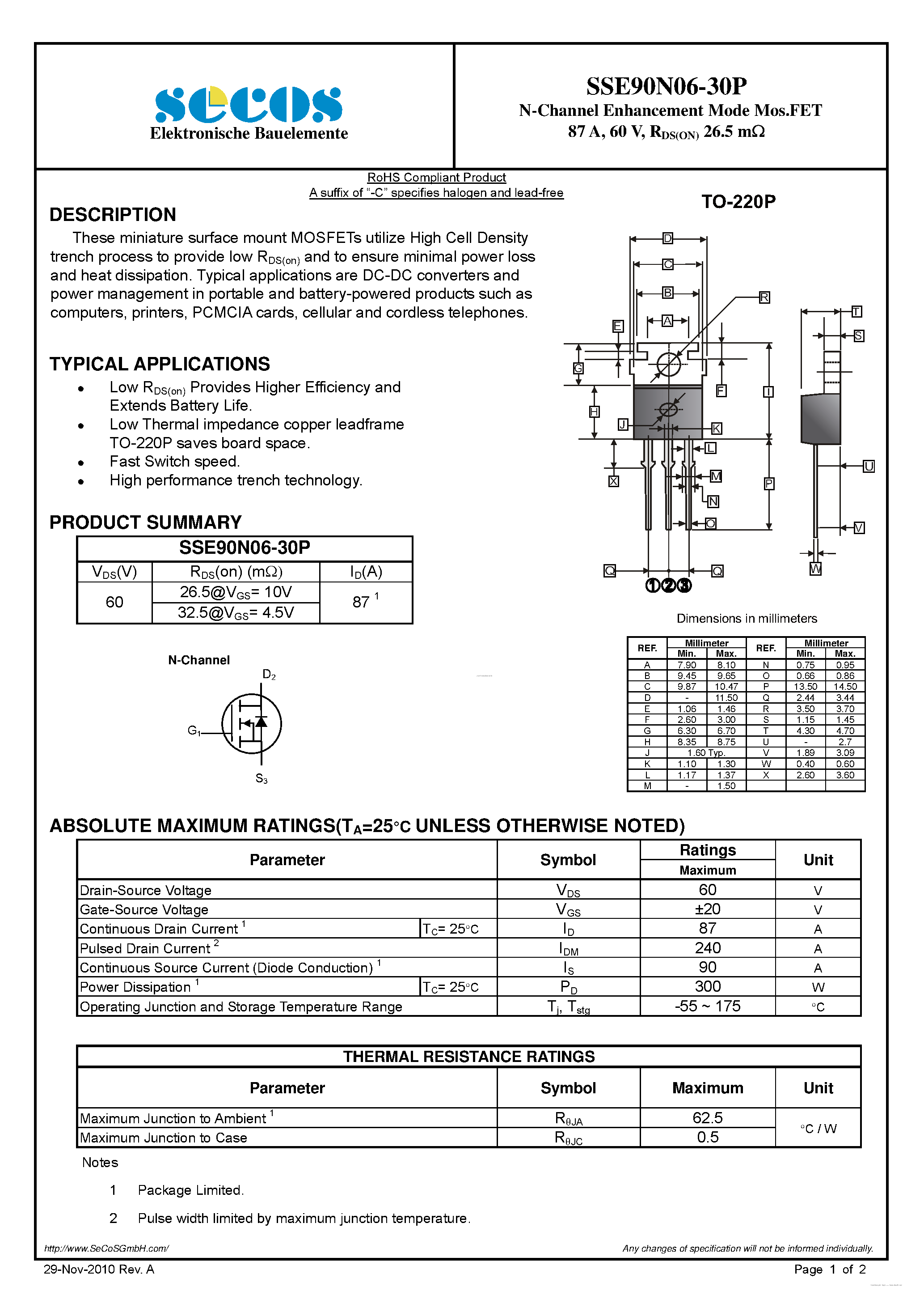 Datasheet SSE90N06-30P - N-Channel Enhancement Mode MosFET page 1