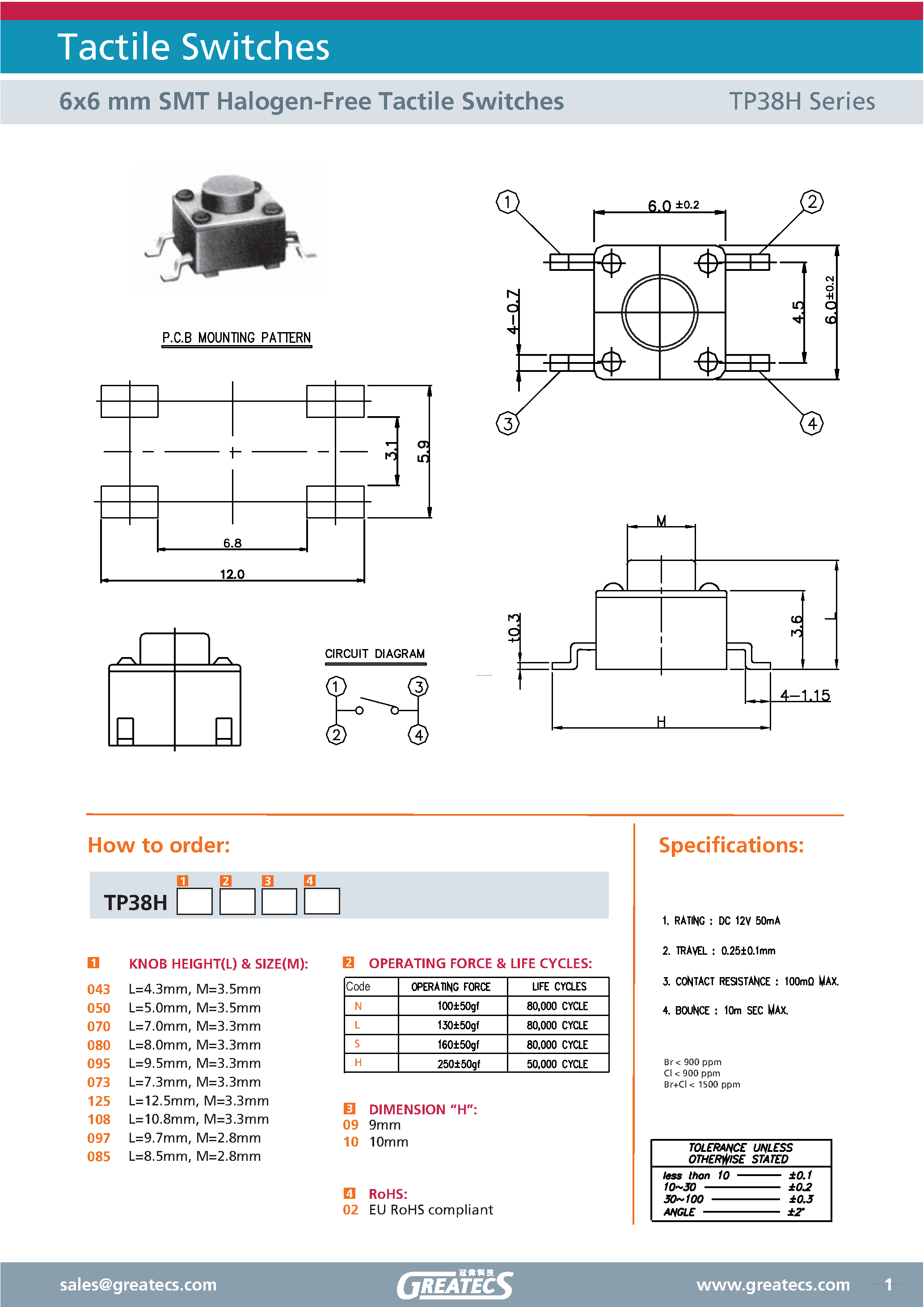 Datasheet TP38H - 6x6 mm SMT Halogen-Free Tactile Switches page 1