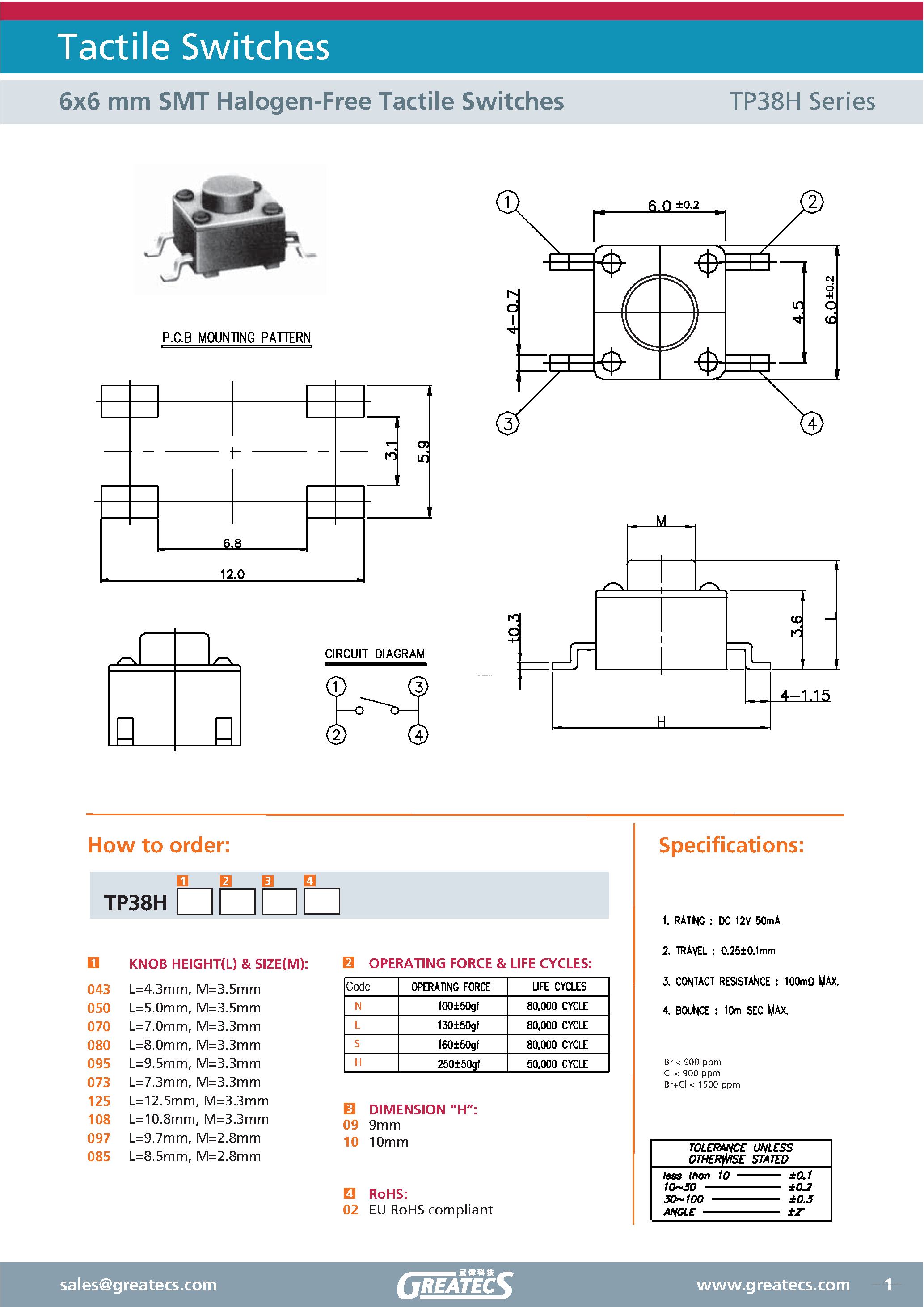 Даташит TP38H - 6x6 mm SMT Halogen-Free Tactile Switches страница 1