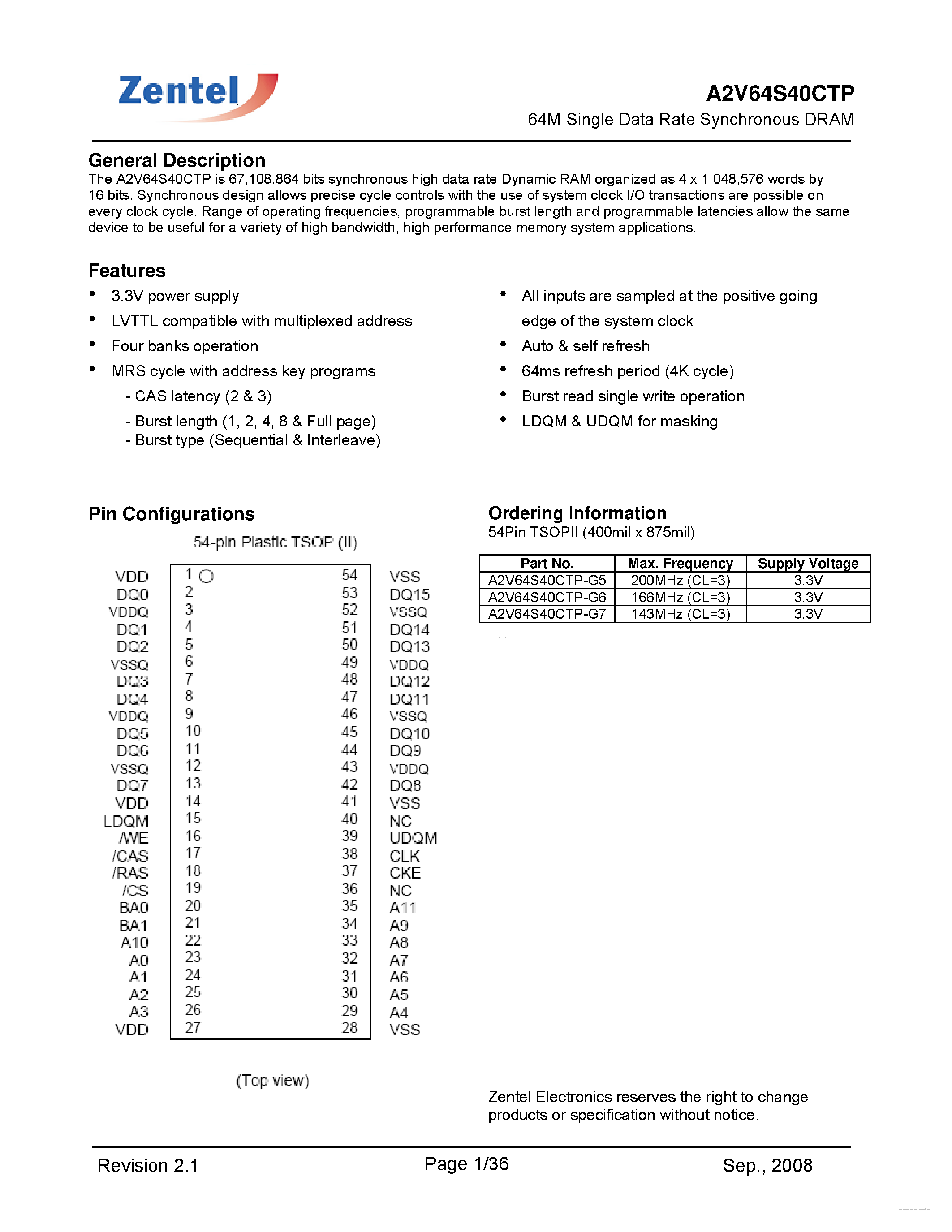 Даташит на микросхему A2V64S40CTP страница 2 Даташит A2V64S40CTP - 64Mb Synchronous DRAM страница 2