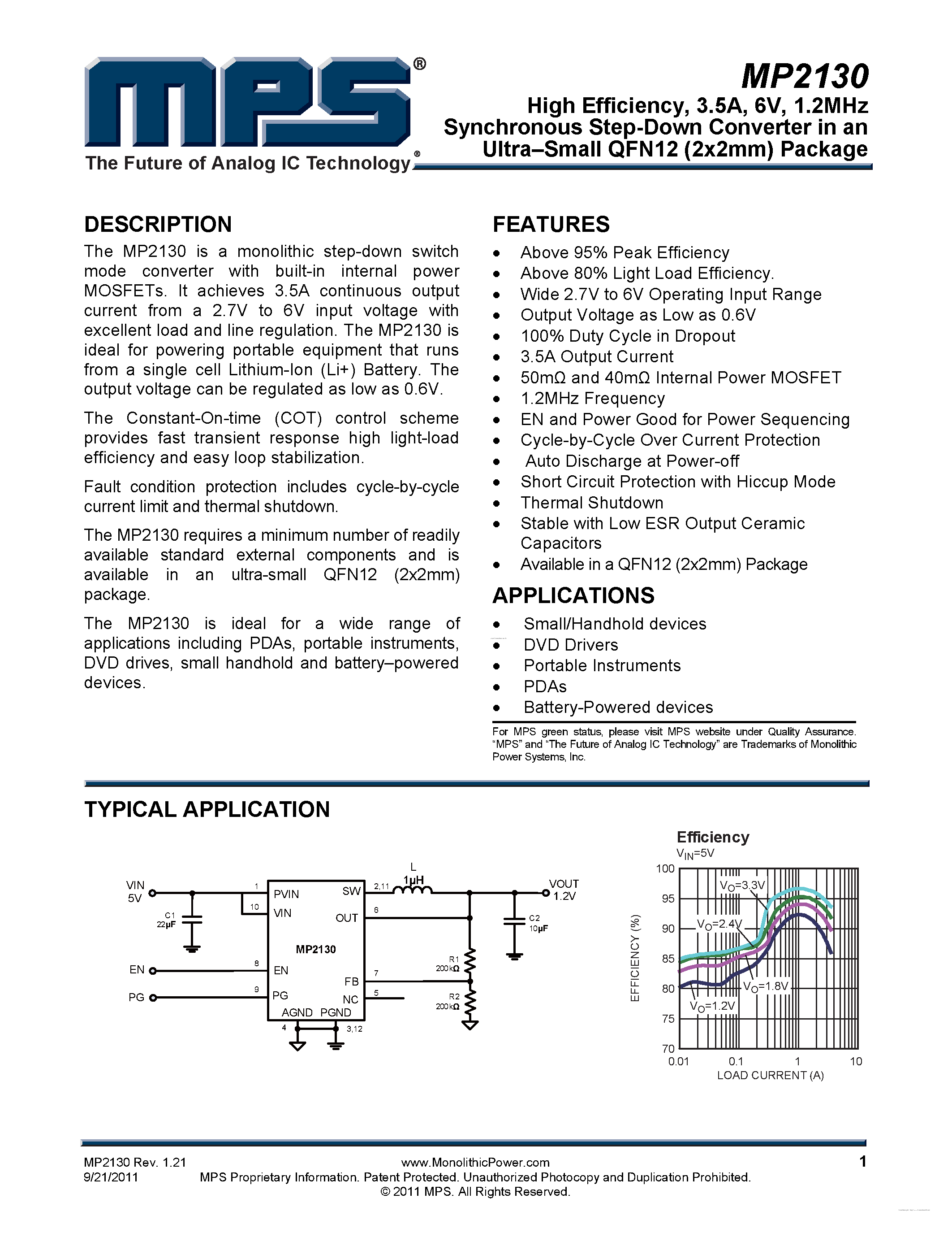 Datasheet MP2130 - 1.2MHz Synchronous Step-Down Converter page 1