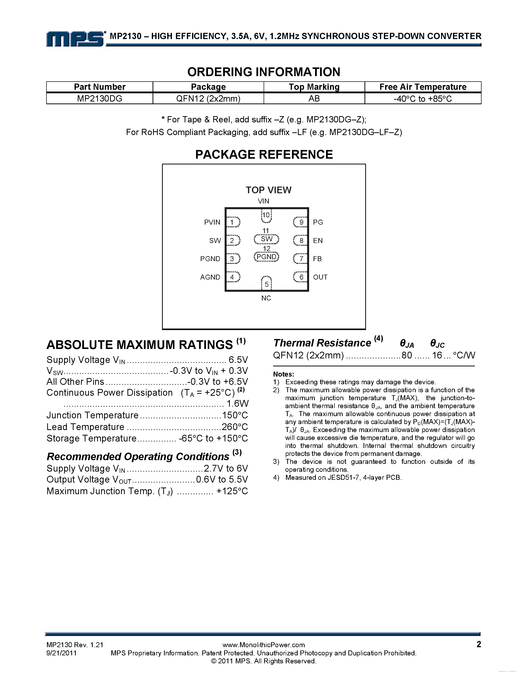 Datasheet MP2130 - 1.2MHz Synchronous Step-Down Converter page 2
