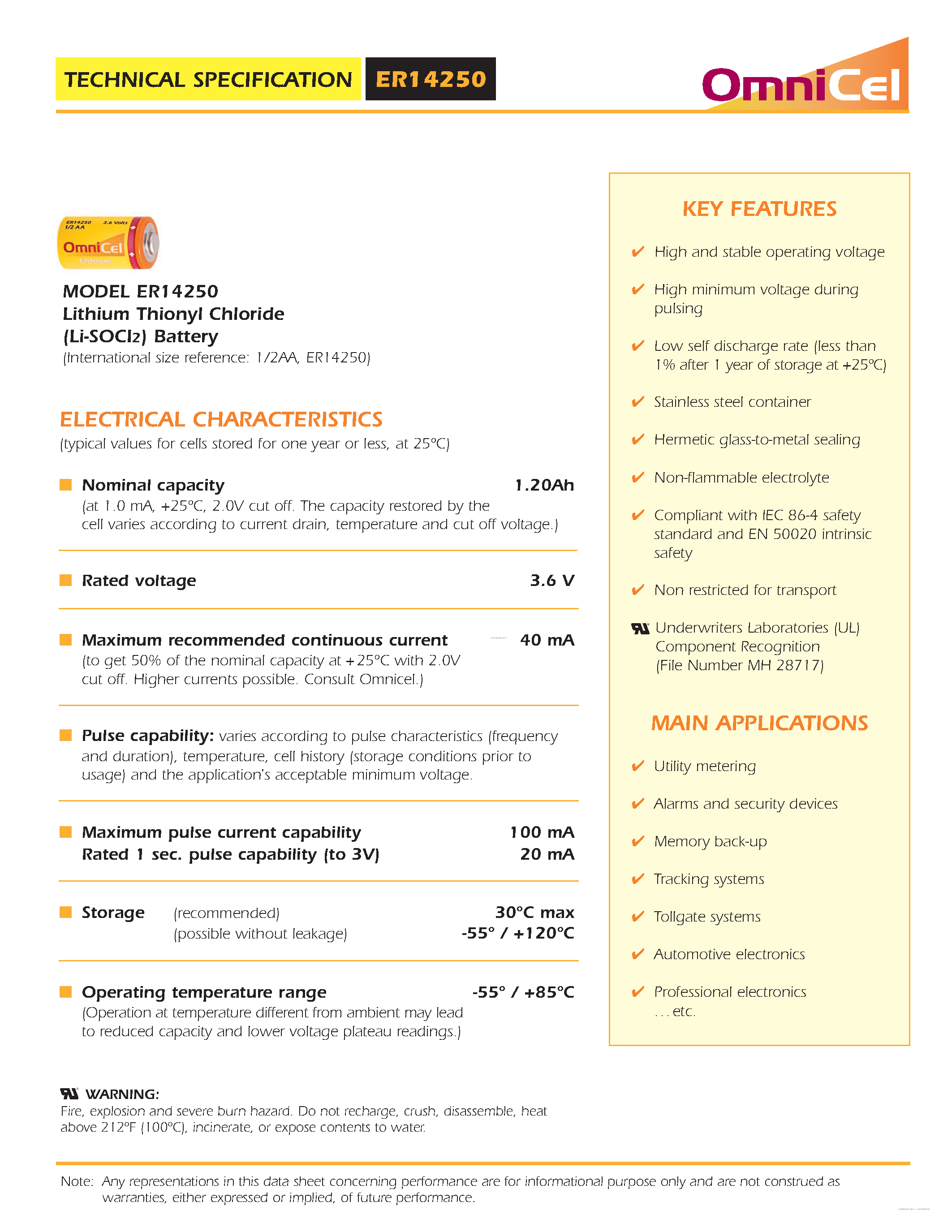 Datasheet ER14250 - Lithium Thionyl Chloride(Li-SOCI2) Battery page 1