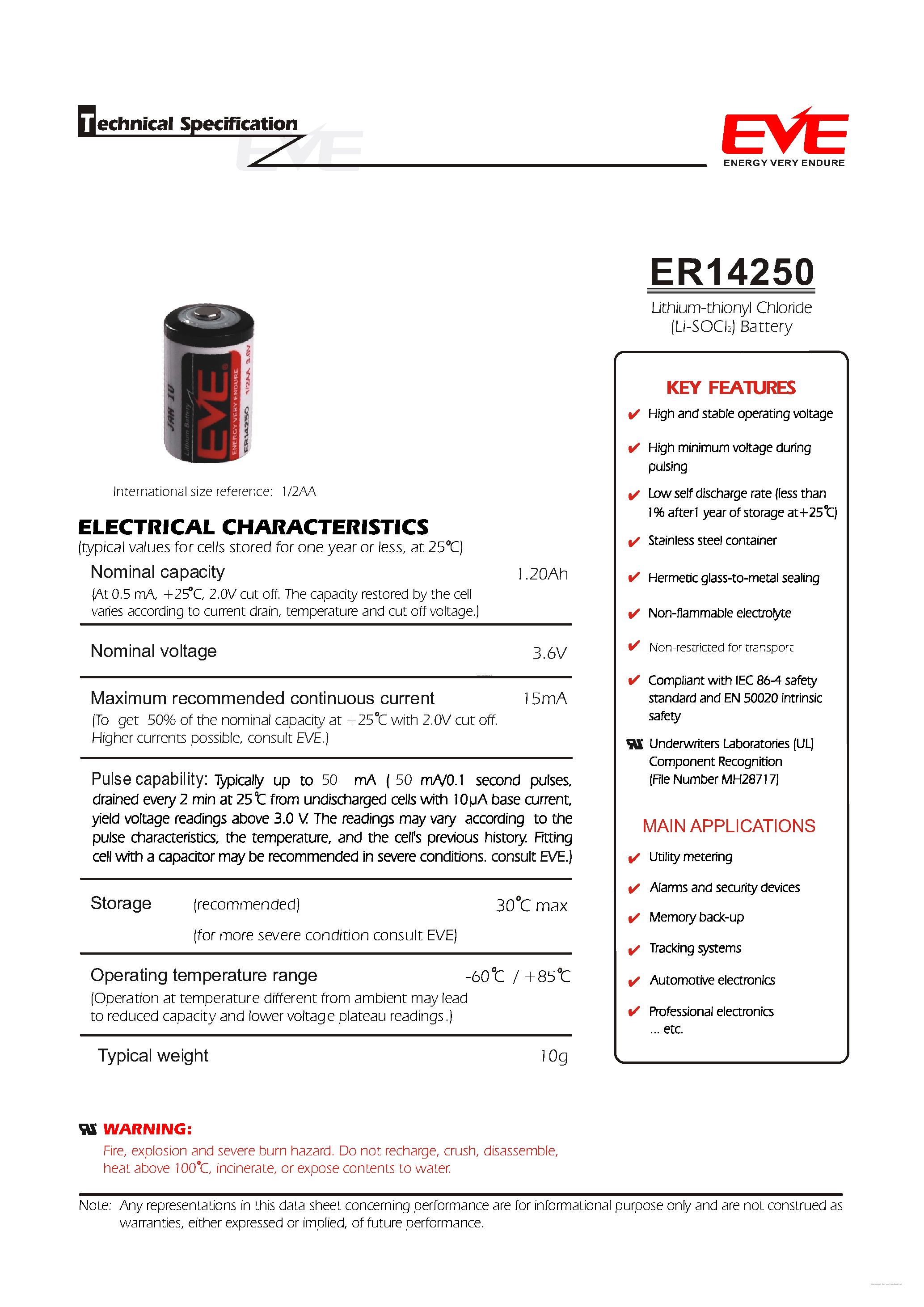 Datasheet ER14250 - Lithium-thionyl Chloride(Li-SOCl2) Battery page 1
