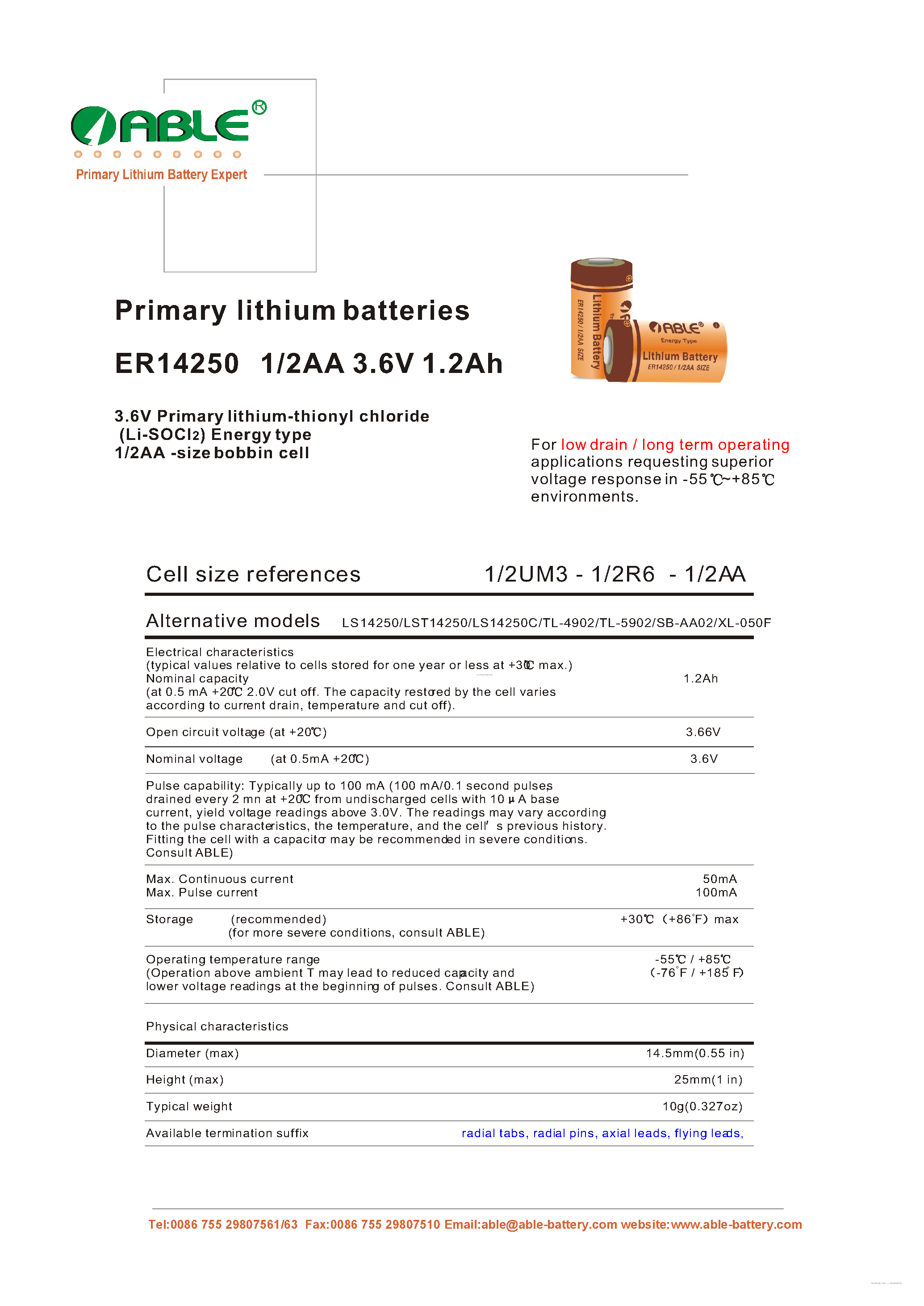 Datasheet ER14250 - Primary lithium batteries page 1