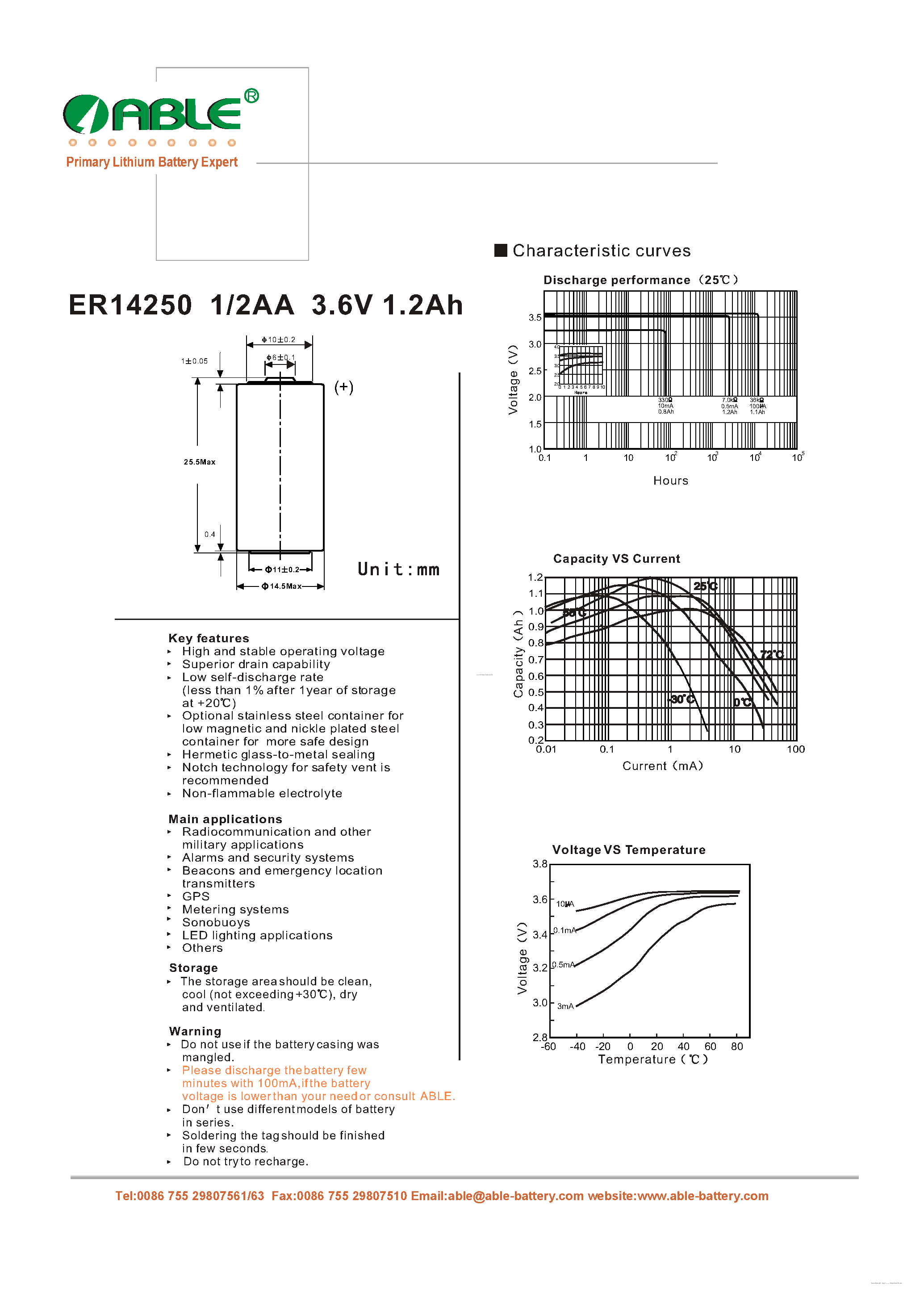 Datasheet ER14250 - Primary lithium batteries page 2