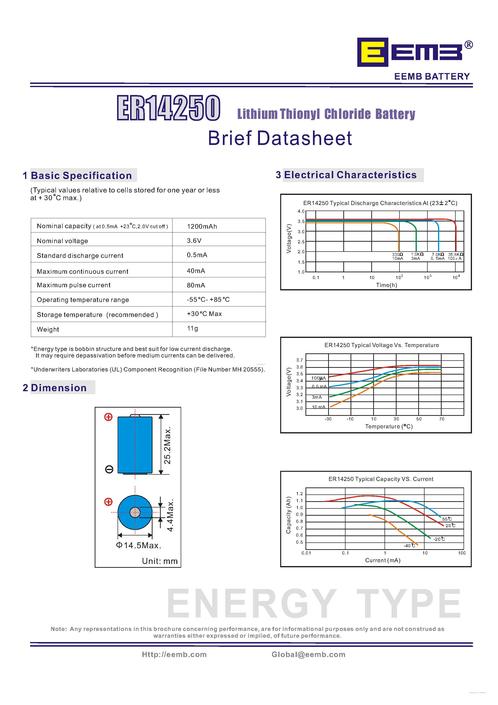 Datasheet ER14250 - Lithium-thionyl Chloride Battery page 1