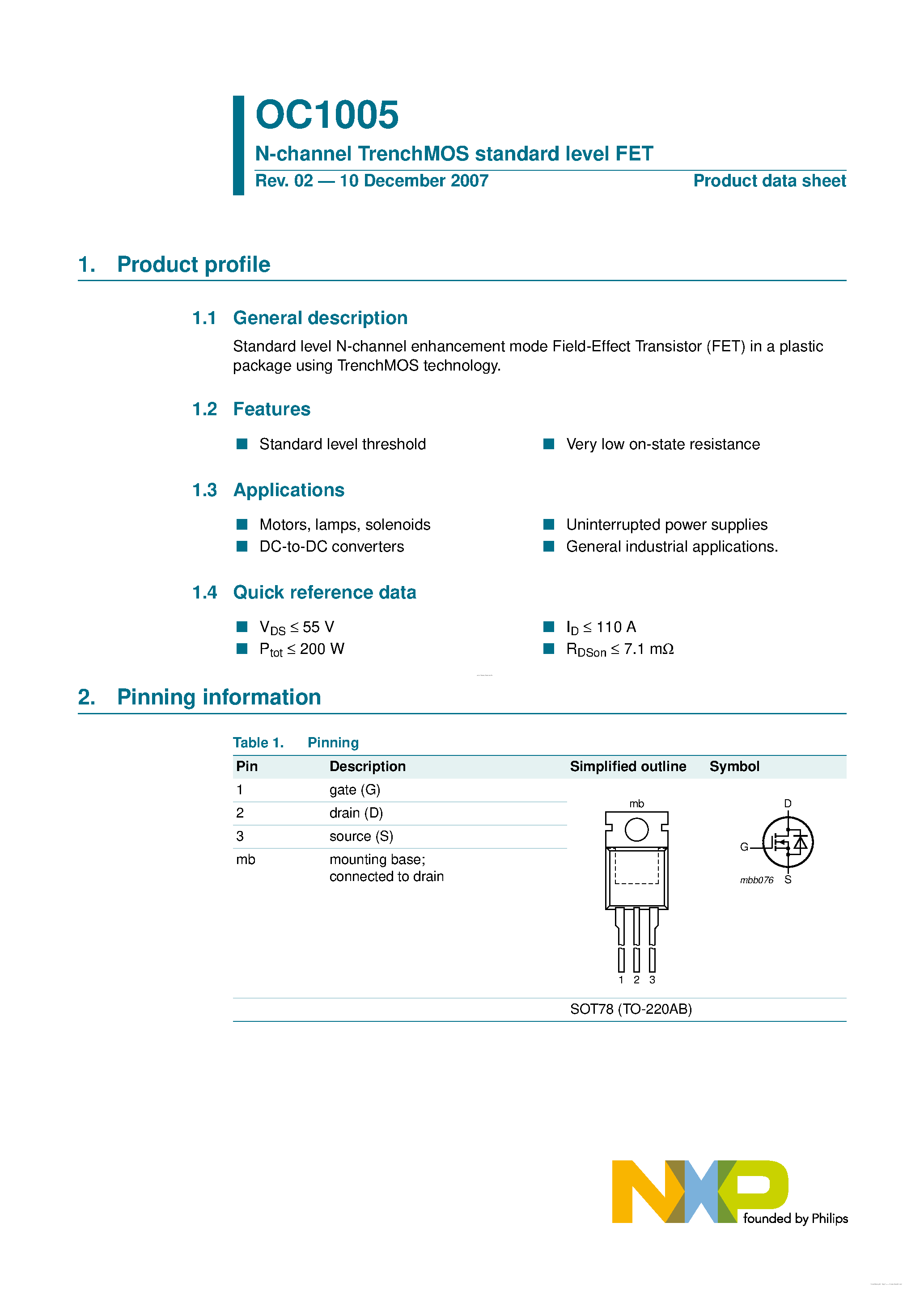 Datasheet OC1005 - N-channel TrenchMOS standard level FET page 1